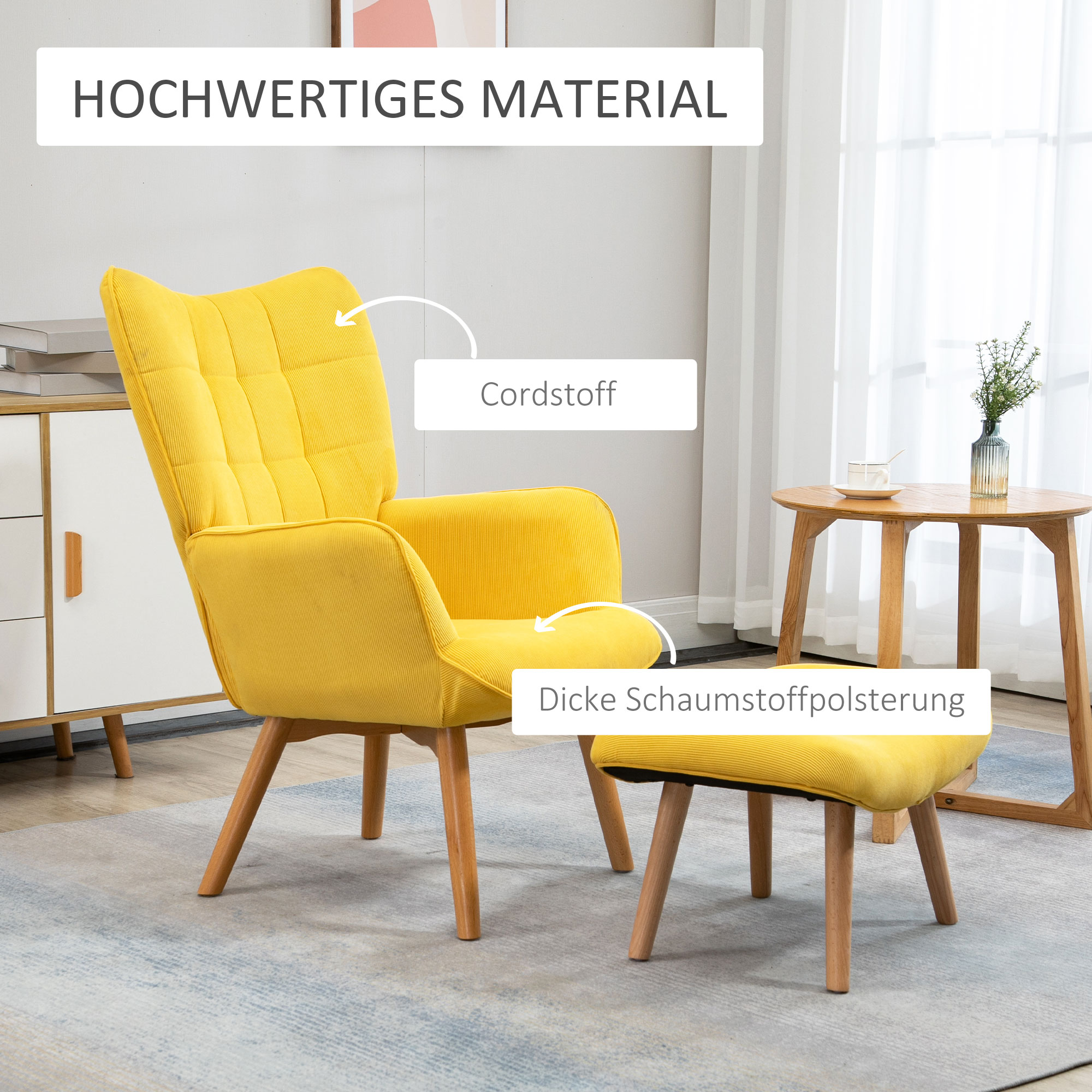 HOMCOM Fauteuil scandi accent met voetenbank, fauteuilset, beukenhout, corduroy-look, geel