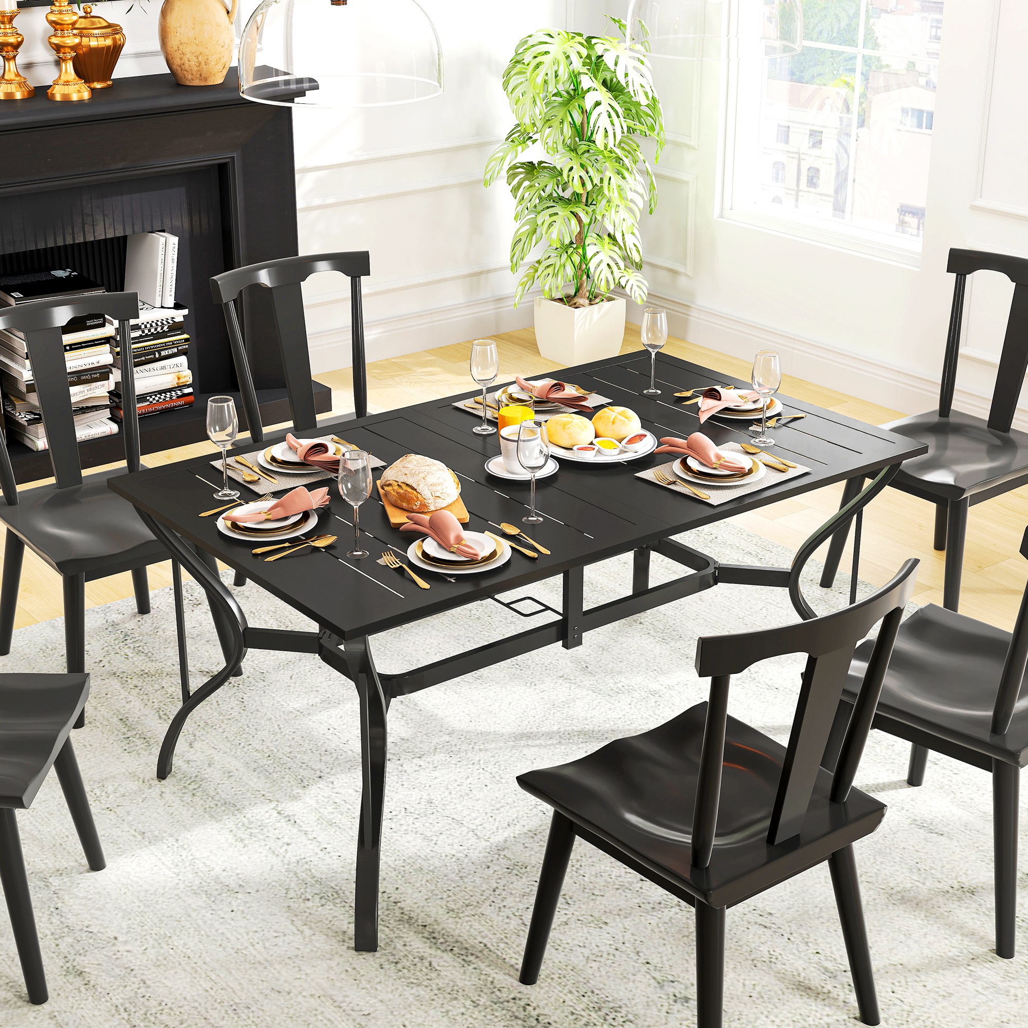 Outsunny Tuintafel Staal 150x90 cm Weerbestendige Balkontafel met Parasolgat, Lamellendesign voor 6 Personen Zwart