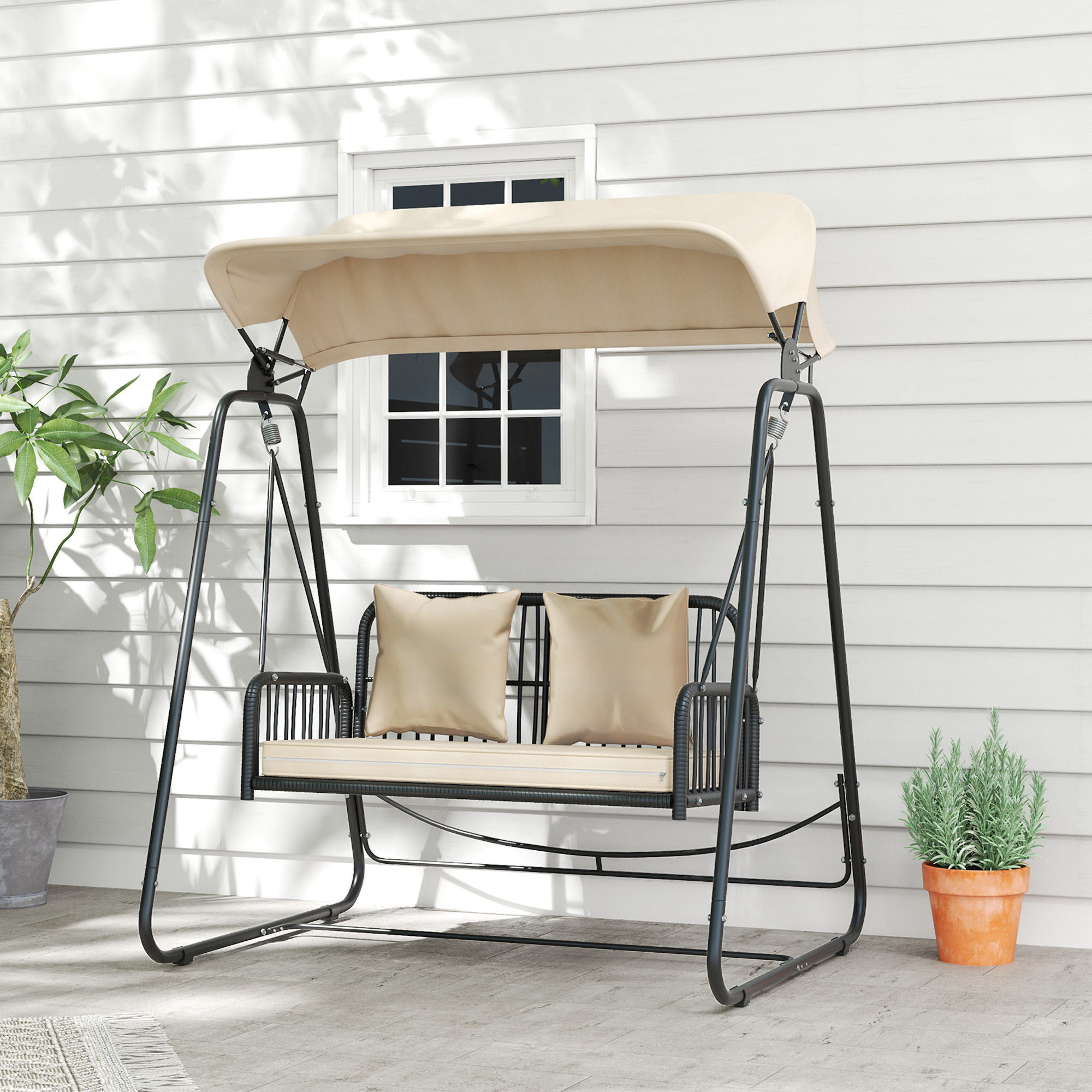 Outsunny Rattan Hollywoodschommel voor 2 Personen met Zonnedak en Kussens, Belastbaar tot 240 kg, 149 x 121 x 180 cm, Khaki