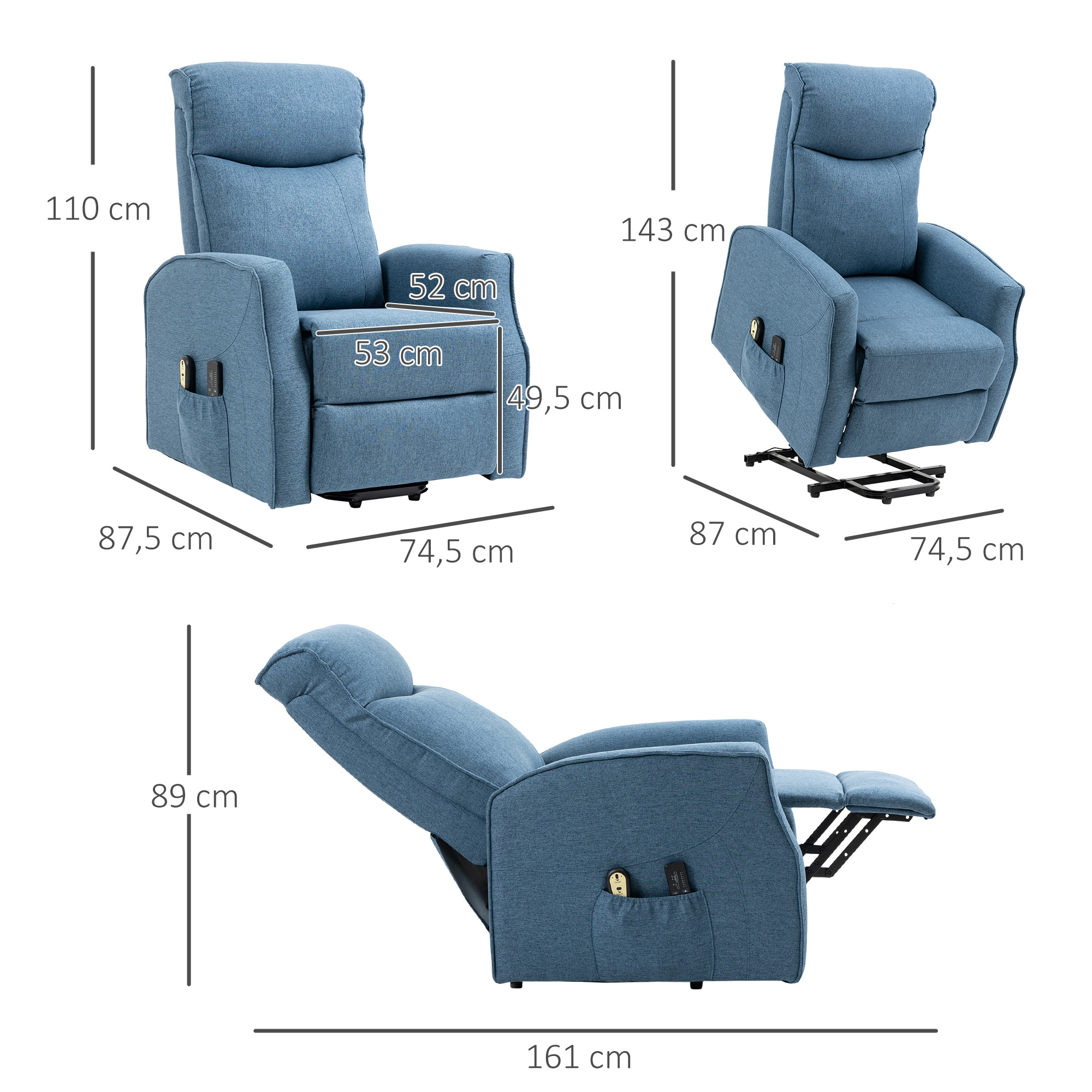HOMCOM Massagestoel met opsta-hulp, relaxstoel, inclusief afstandsbediening, 1 zijvak, voetensteun, blauw