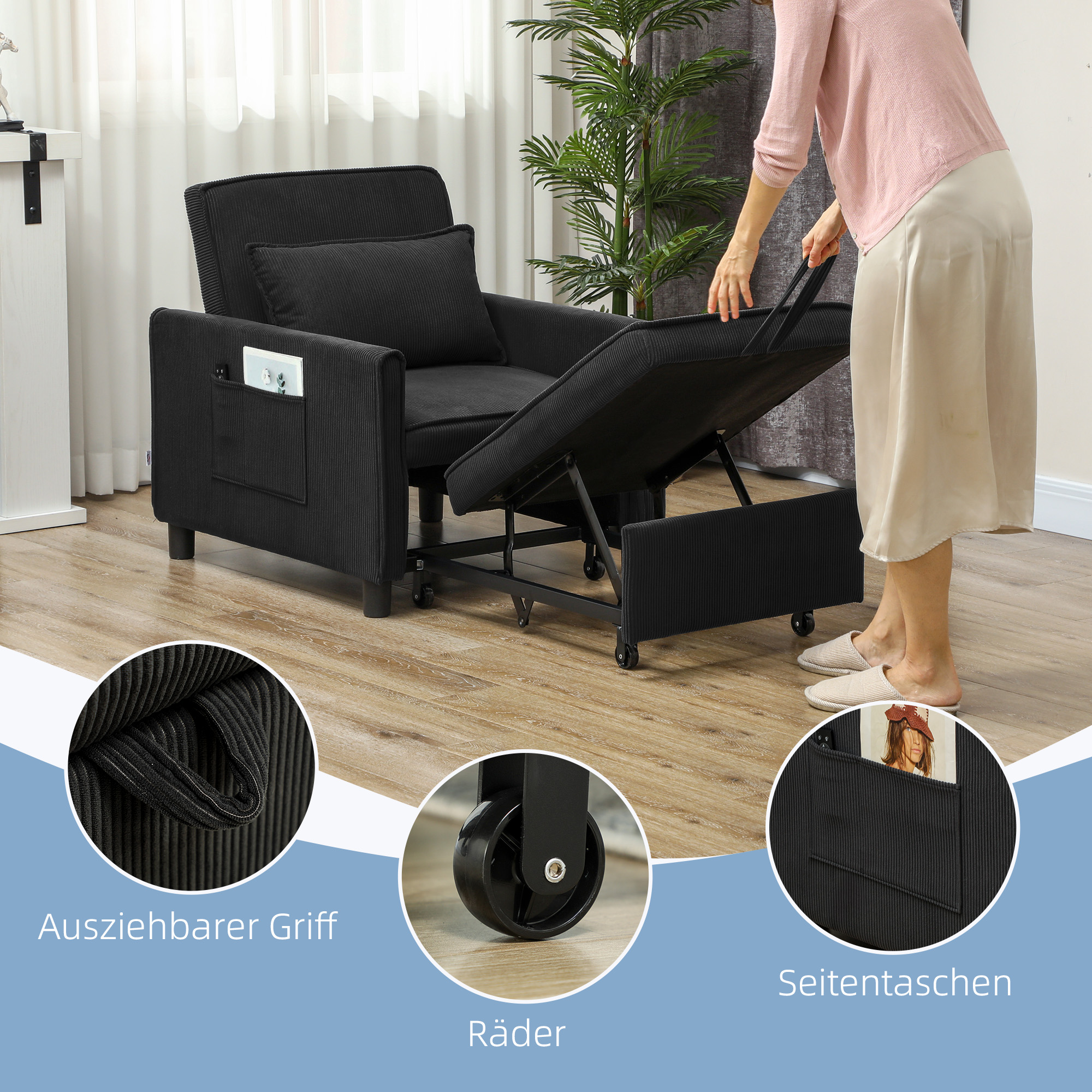 HOMCOM Slaapfauteuil, 3 standen verstelbare, Corduroy bekleding, tot 120 kg, Zwart