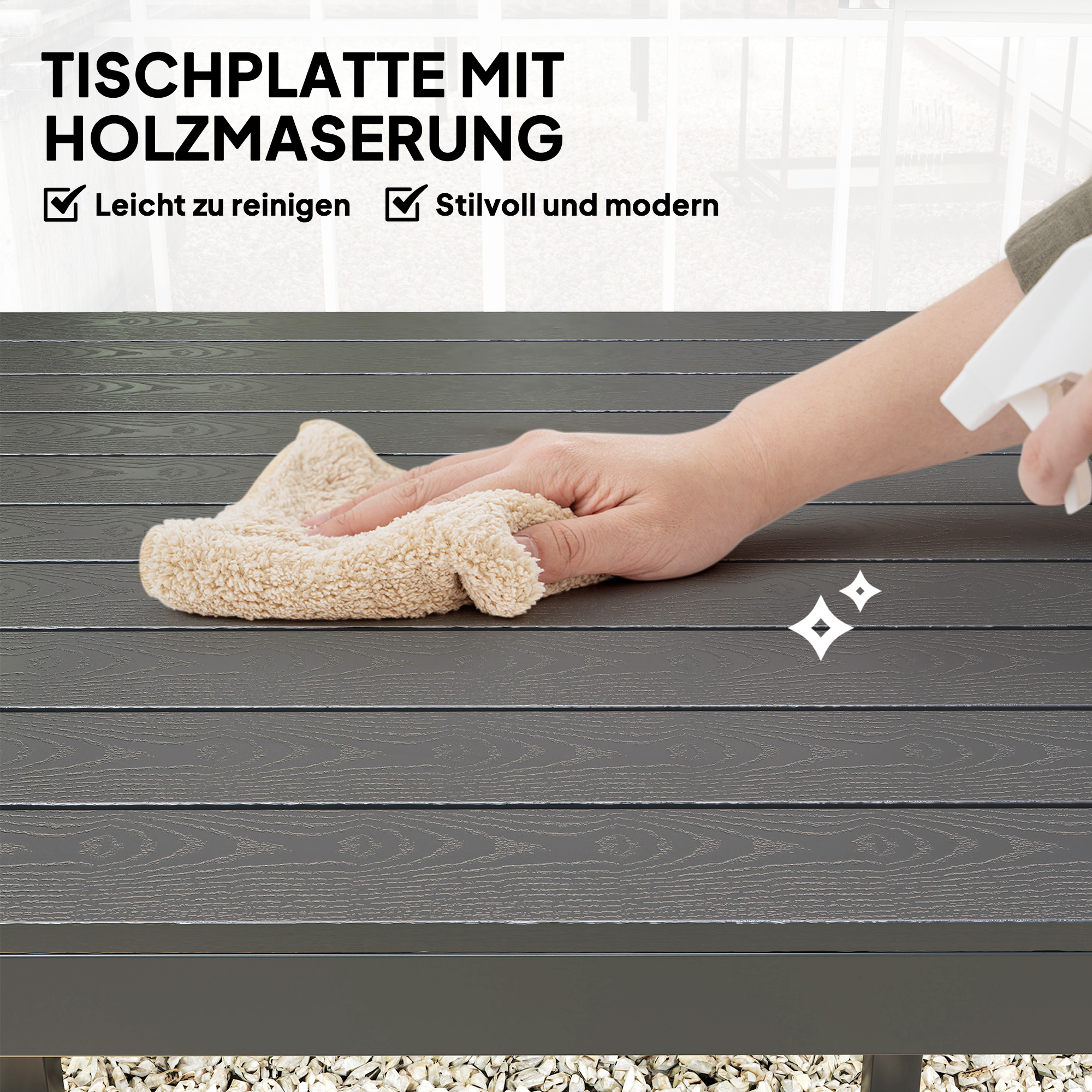 Outsunny Tuintafel Aluminium 73x73 cm Weerbestendig Buffettafel met Houtlook, Campingtafel voor 4 Personen Zwart