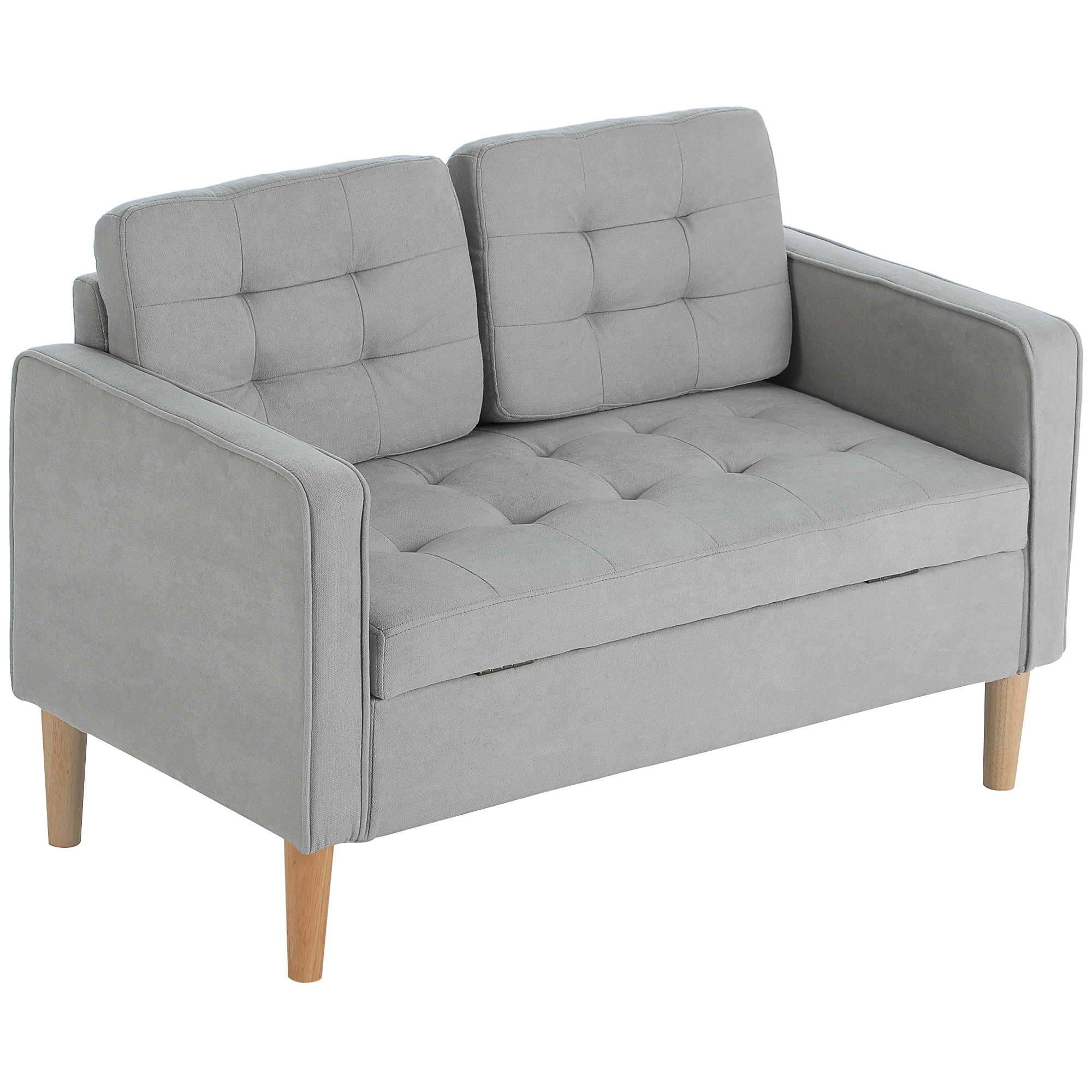HOMCOM Tweezitsbank met Opbergruimte, Knopen Trekt, Kussens, Rubberhout, 117x62x78cm, Lichtgrijs