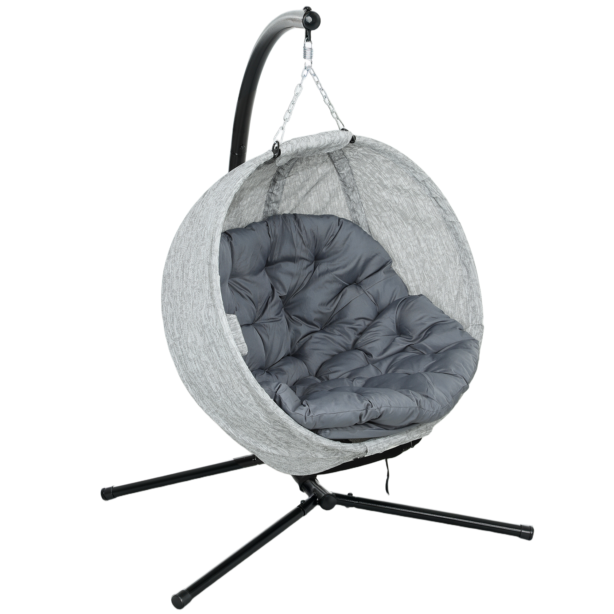 Outsunny Ei-vormige Hangmand, Hangstoel met Schommelfunctie en Opvouwbare Mand, Tuinstoel, Bekerhouder, Grijs