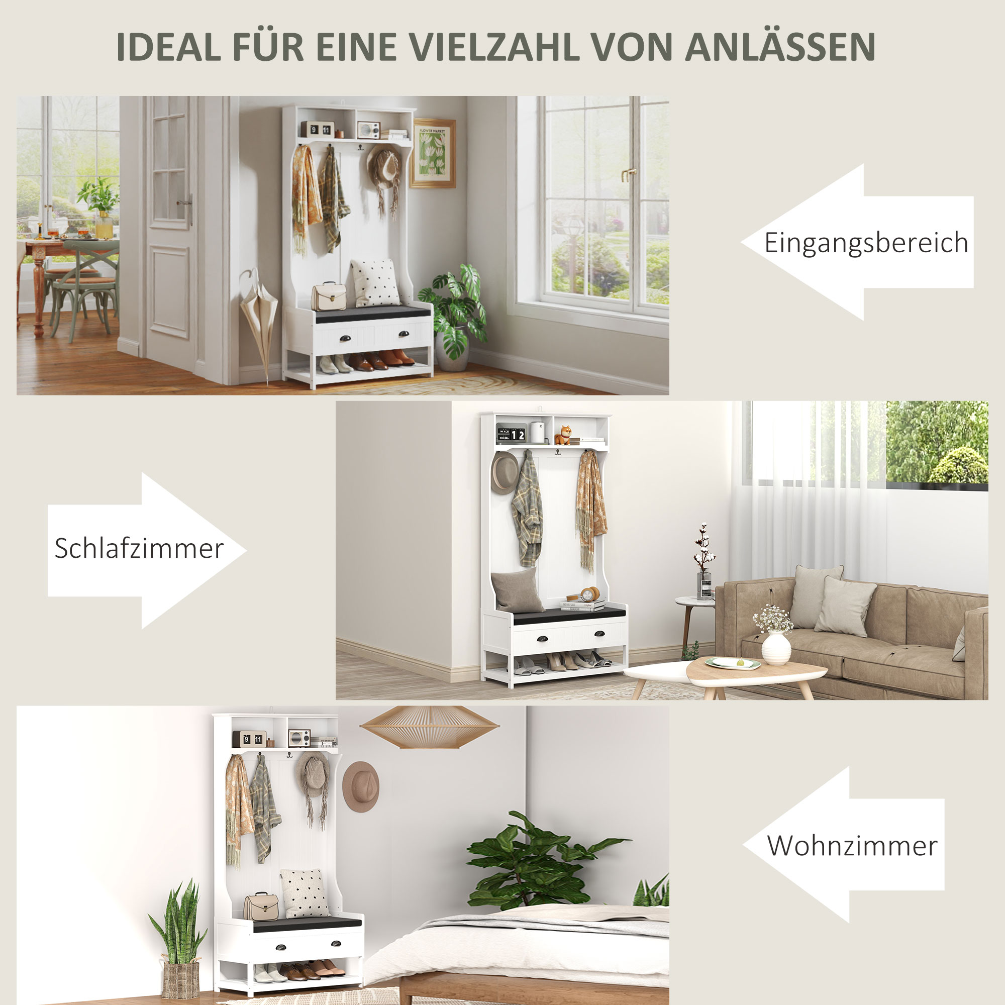 HOMCOM Kapstok met Haken, Garderobe met Schoenenbank, voor Entree, Hal, Metaal, MDF, Wit+Grijs
