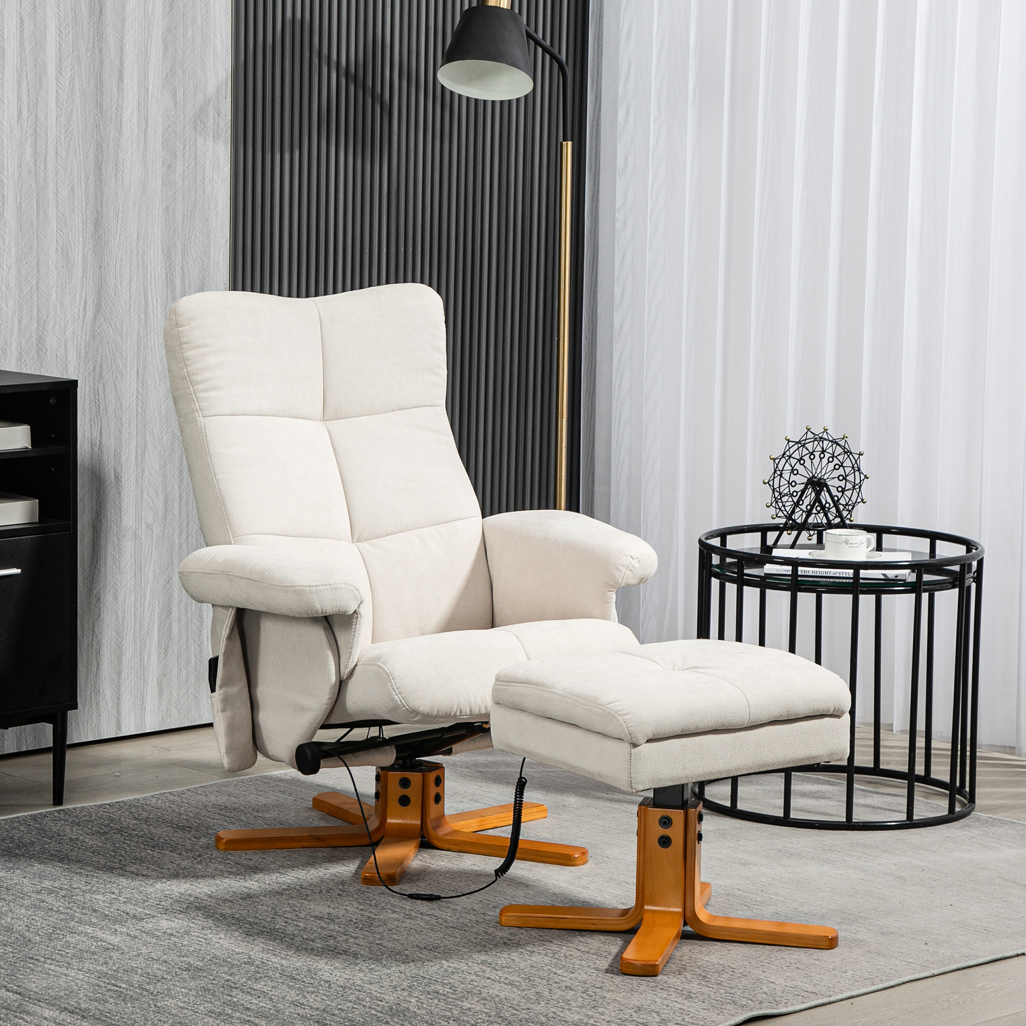 HOMCOM Massagestoel met Ligfunctie en Voetenbankje, 145°-Kanteling, Polyester, 80 x 86 x 99 cm, Crèmewit