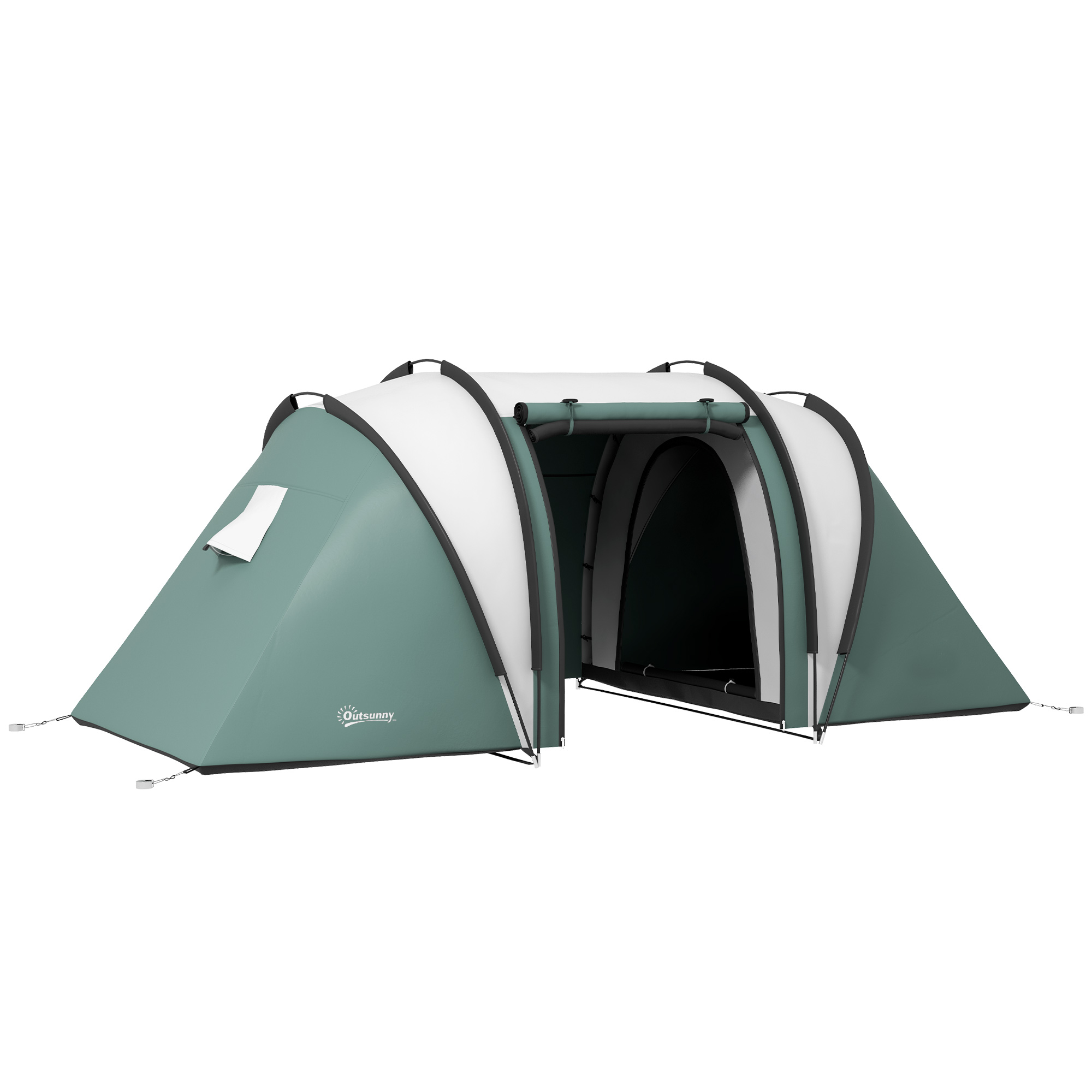 Outsunny Lichtgewicht Waterafstotende Campingtent voor 4-5 Personen met 3 Kamers, Zijdeur en Ramen in Donkergroen