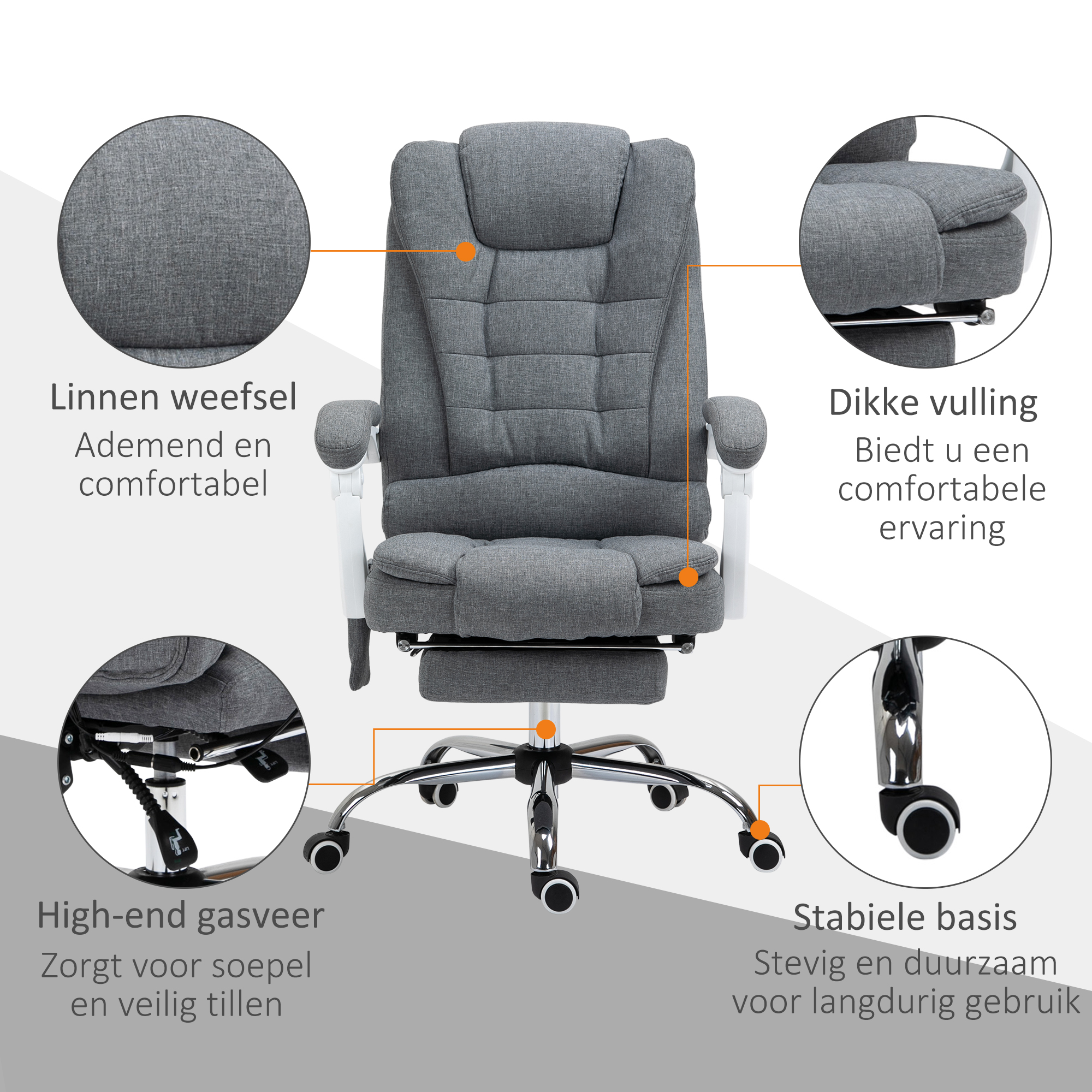 Vinsetto Ergonomische Massagestoel, 6 Vibratiepunten, Verstelbare Rugleuning, 360° Draaistoel, Grijs
