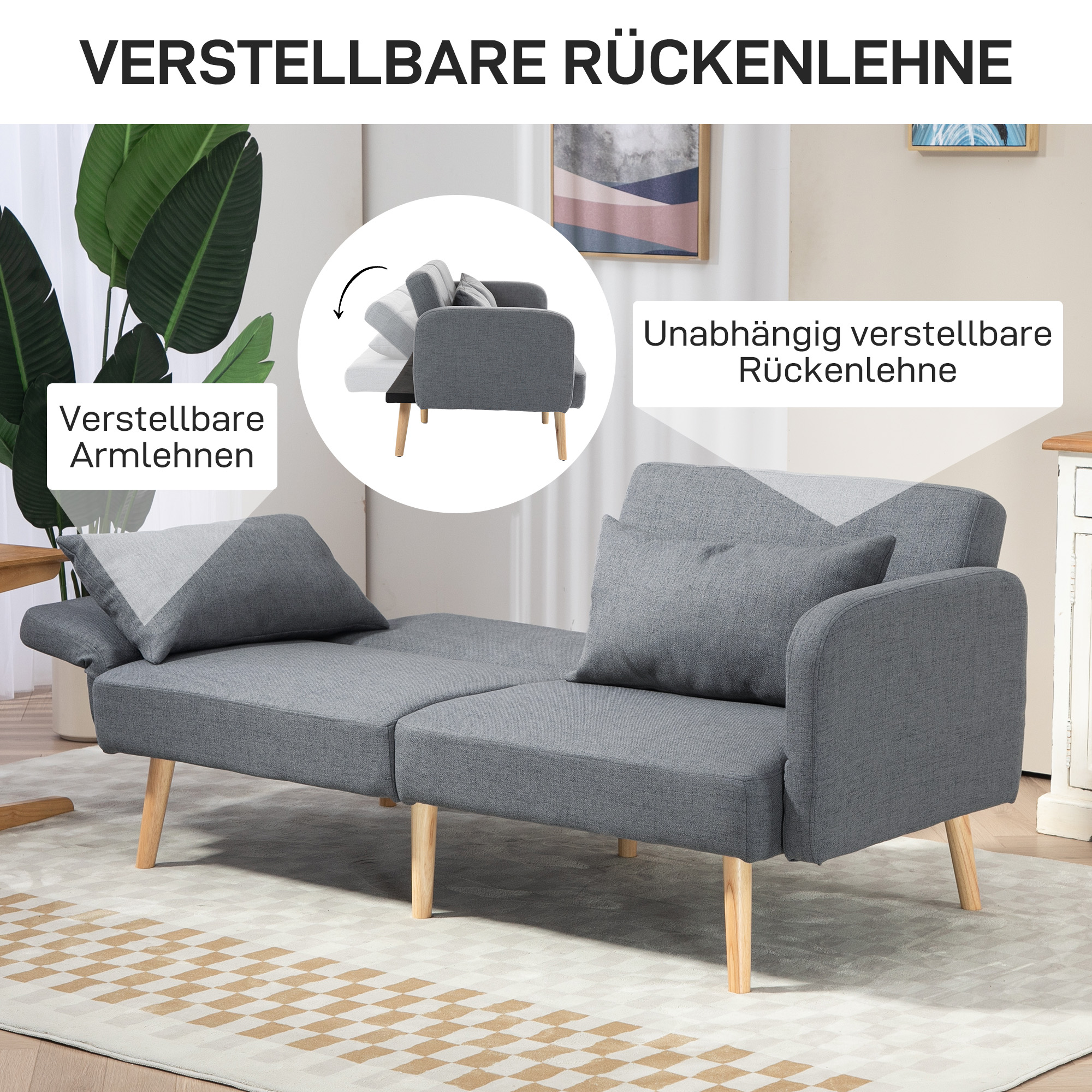 HOMCOM 3-Zits Slaapbank, Gasten Tweepersoonsbed, tot 240 kg, Opklapbare Leuningen, Houten Frame, 170 x 83 x 80 cm, Grijs