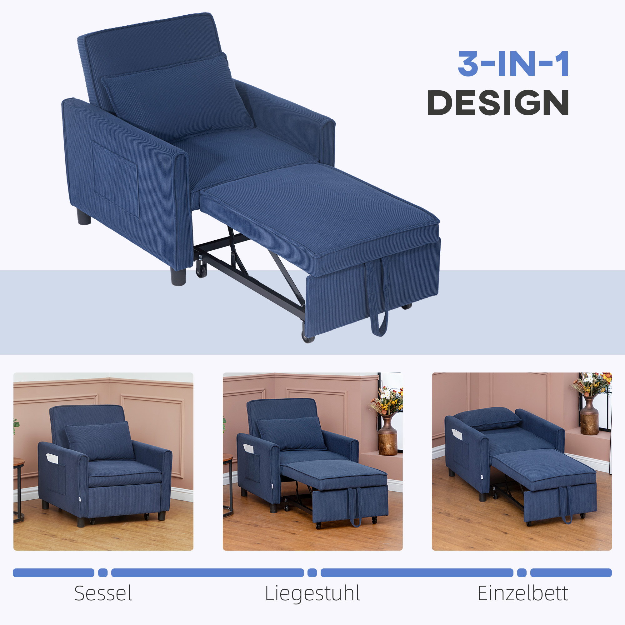 HOMCOM Slaapfauteuil, Verstelbaar, 3 Posities, Corduroy Bekleding, tot 120 kg, Blauw