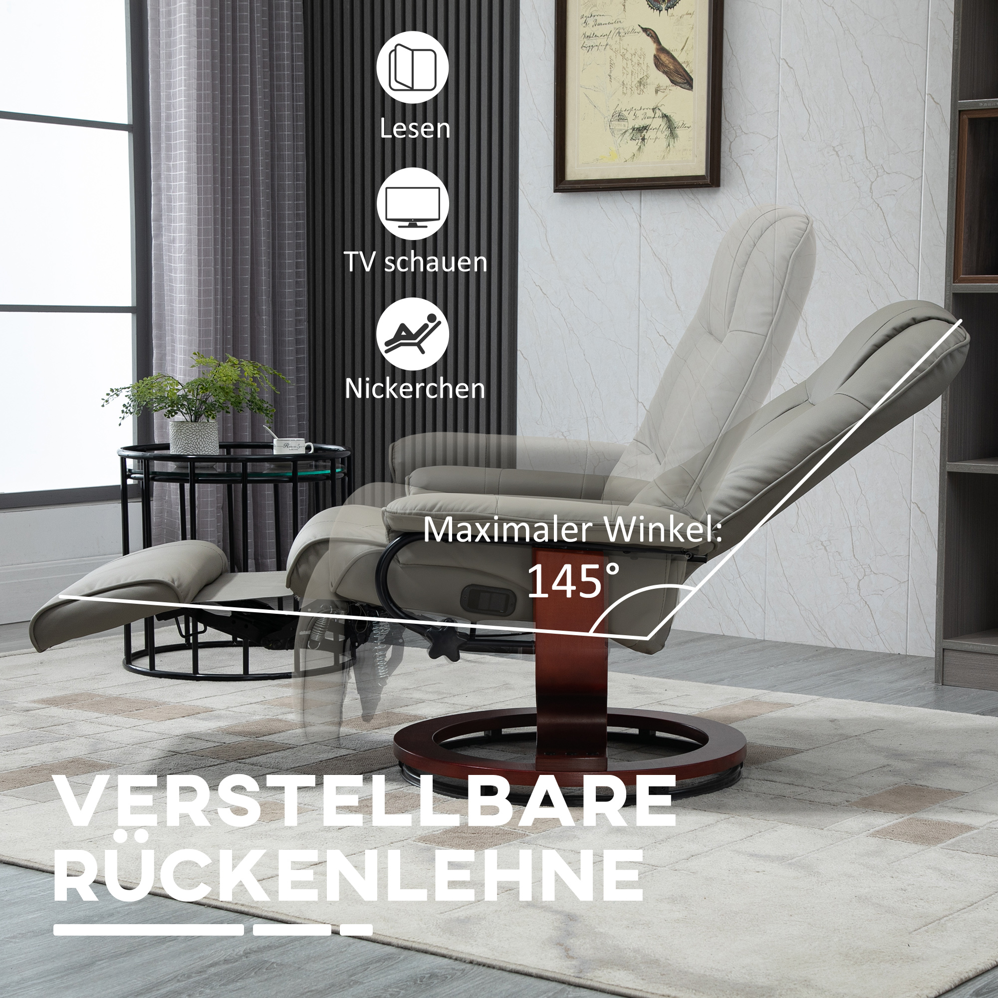 HOMCOM Relaxstoel Televisiestoel Ligstoel Kunstleder 360° Draaistoel 145° Kantelbaar Grijs 78 x 87 x 100 cm
