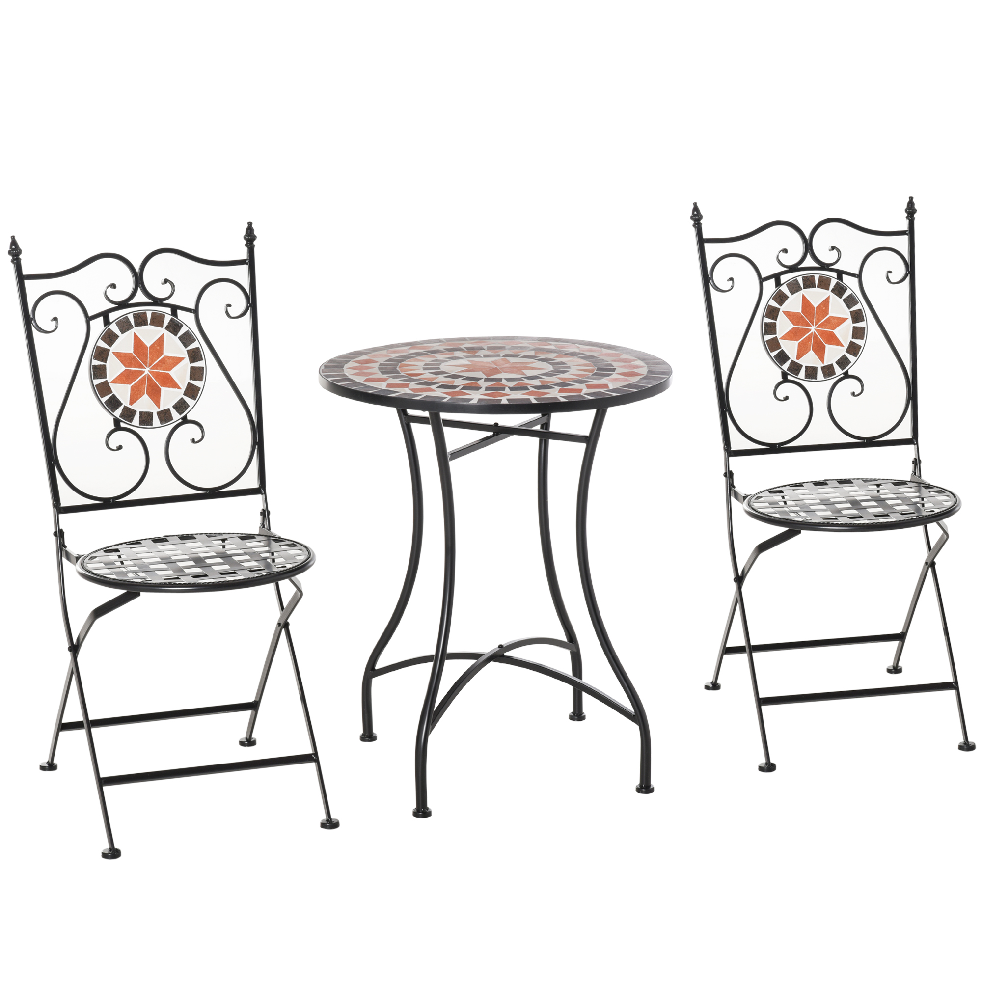 Zitgroep voor in de tuin 3-delige mozaïektafel + 2 opklapbare metalen stoelen
