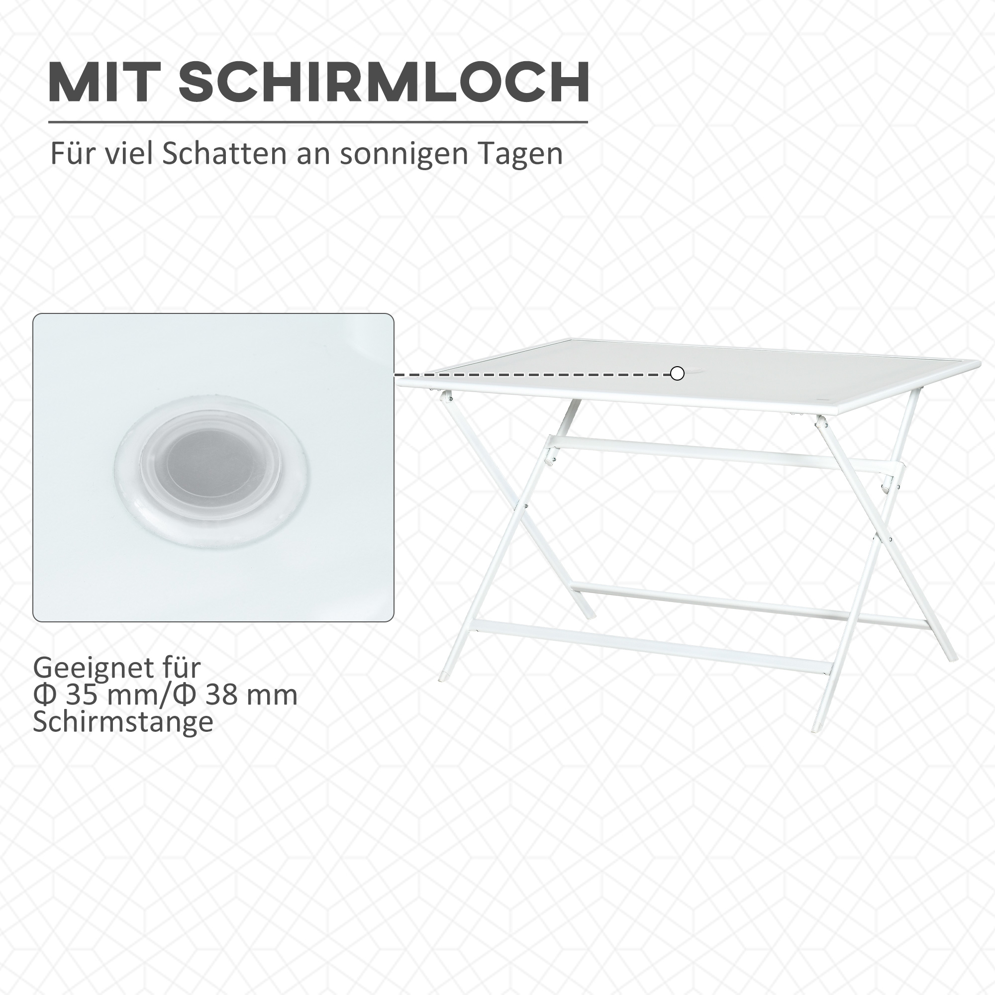 Outsunny klaptafel tuintafel met parasolgat klaptafel metaal glas wit