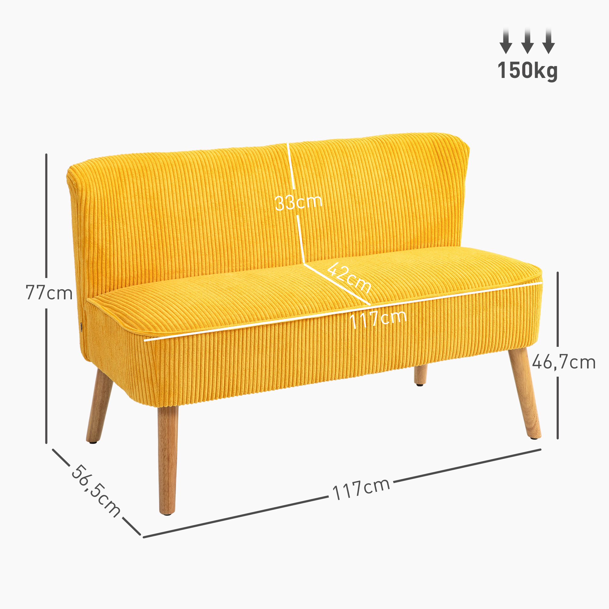 HOMCOM Tweezitsbank in elegant Scandinavisch ontwerp, stevig houten frame, tot 150 kg, 117 x 56,5 x 77 cm, Geel