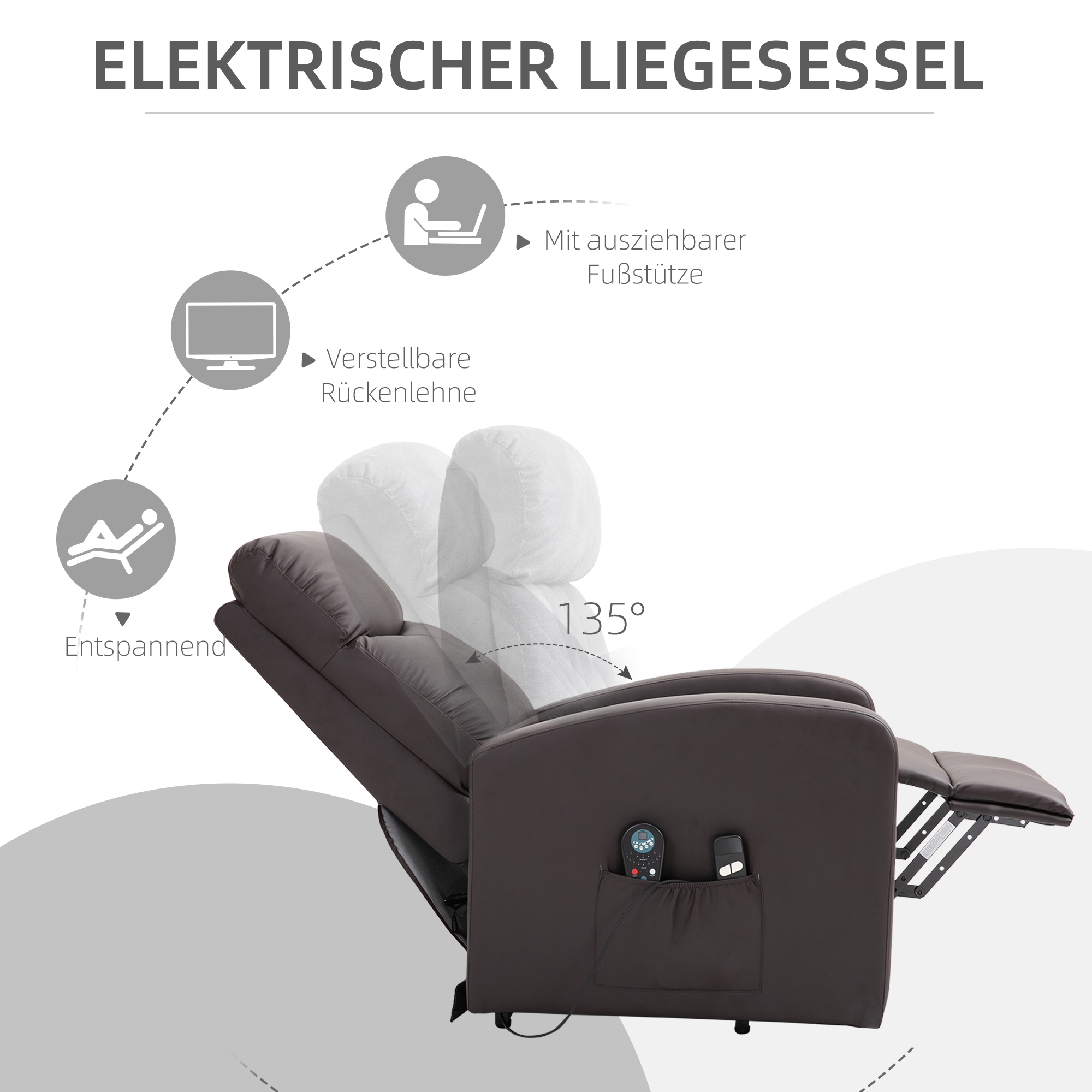 HOMCOM Massagestoel met opstaan hulp, relaxstoel, ligstoel, hoofdsteun, 8 vibratiepunten, 2 afstandsbedieningen, bruin
