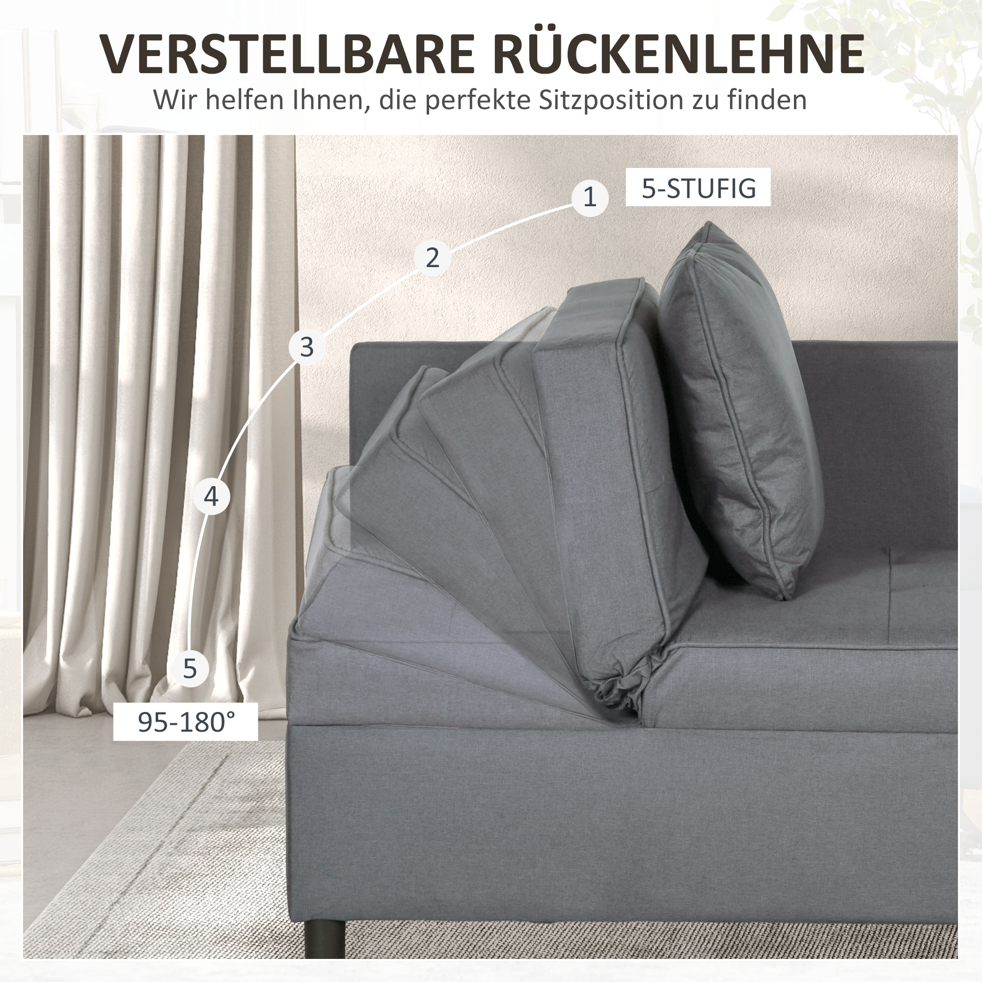 HOMCOM Slaapstoel, 2-Zitsbank met Bedfunctie, Opvouwbare Gestoffeerde Stoel met 2 Kussens, Linnen-Look Bekleding, Donkergrijs