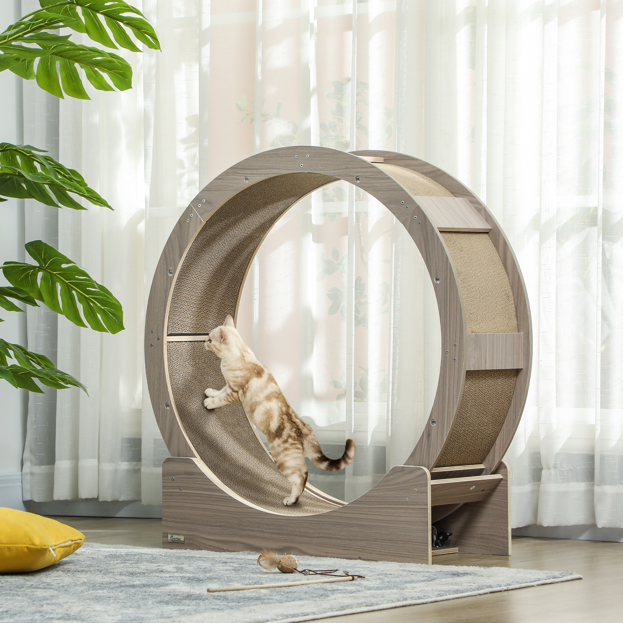 PawHut Kattenloopband, 91 cm, met Rem en Krabmat, Ideaal voor Gezonde Beweging van uw Kat, Walnoot