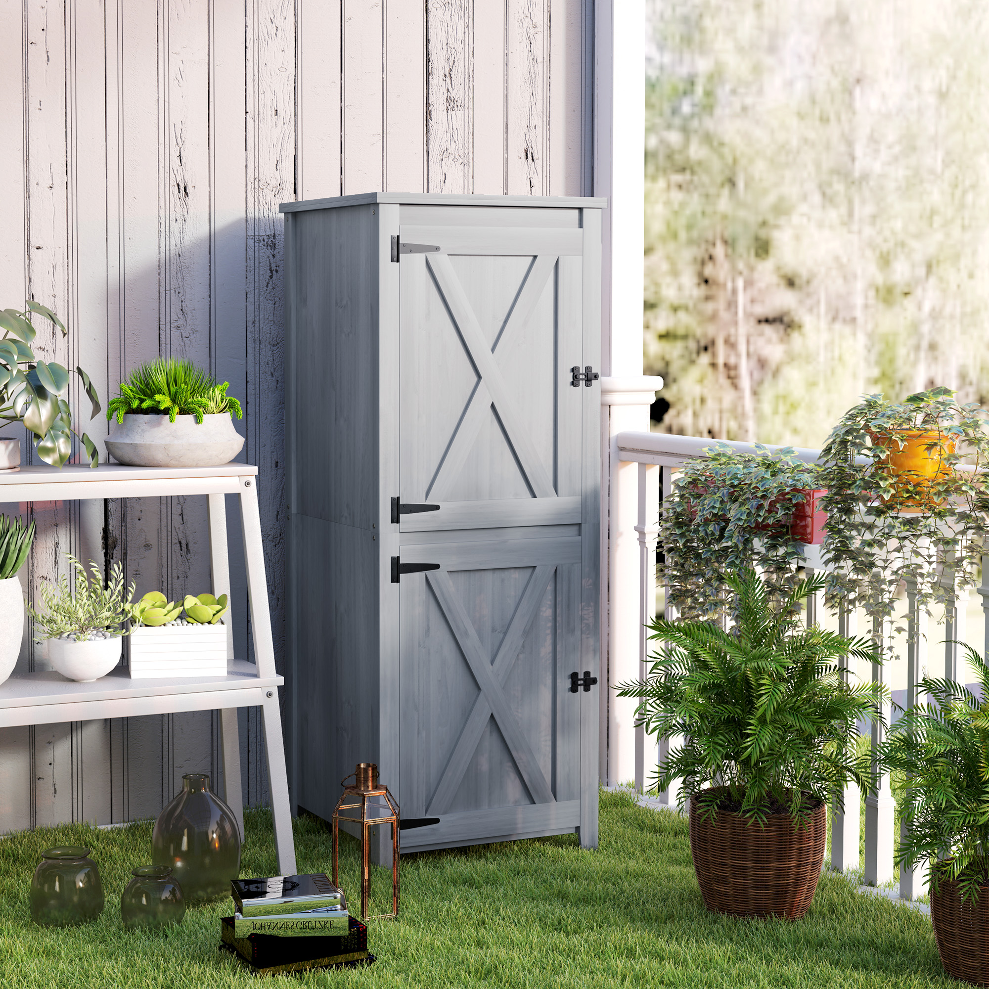 Outsunny Houten Tuinschuur, Compacte Tuinschuur voor Gereedschap en Tuingereedschappen met Afsluitbare Deuren, Lichtgrijs