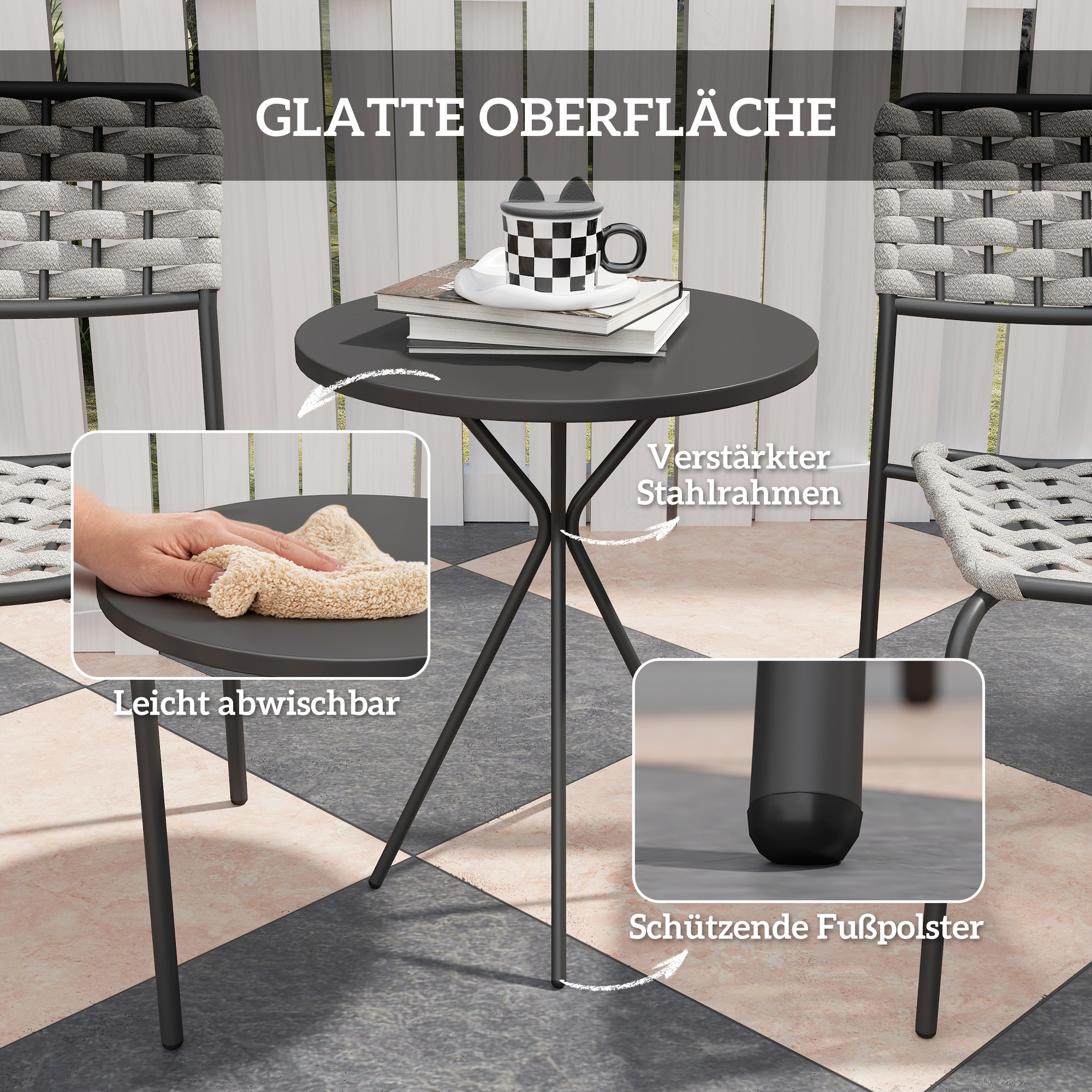 Outsunny Polyrattan Tuinmeubelset, Outdoor Lounge Balkonmeubel voor 2, 3-Delig 2 Stoelen, Tafel Grijs