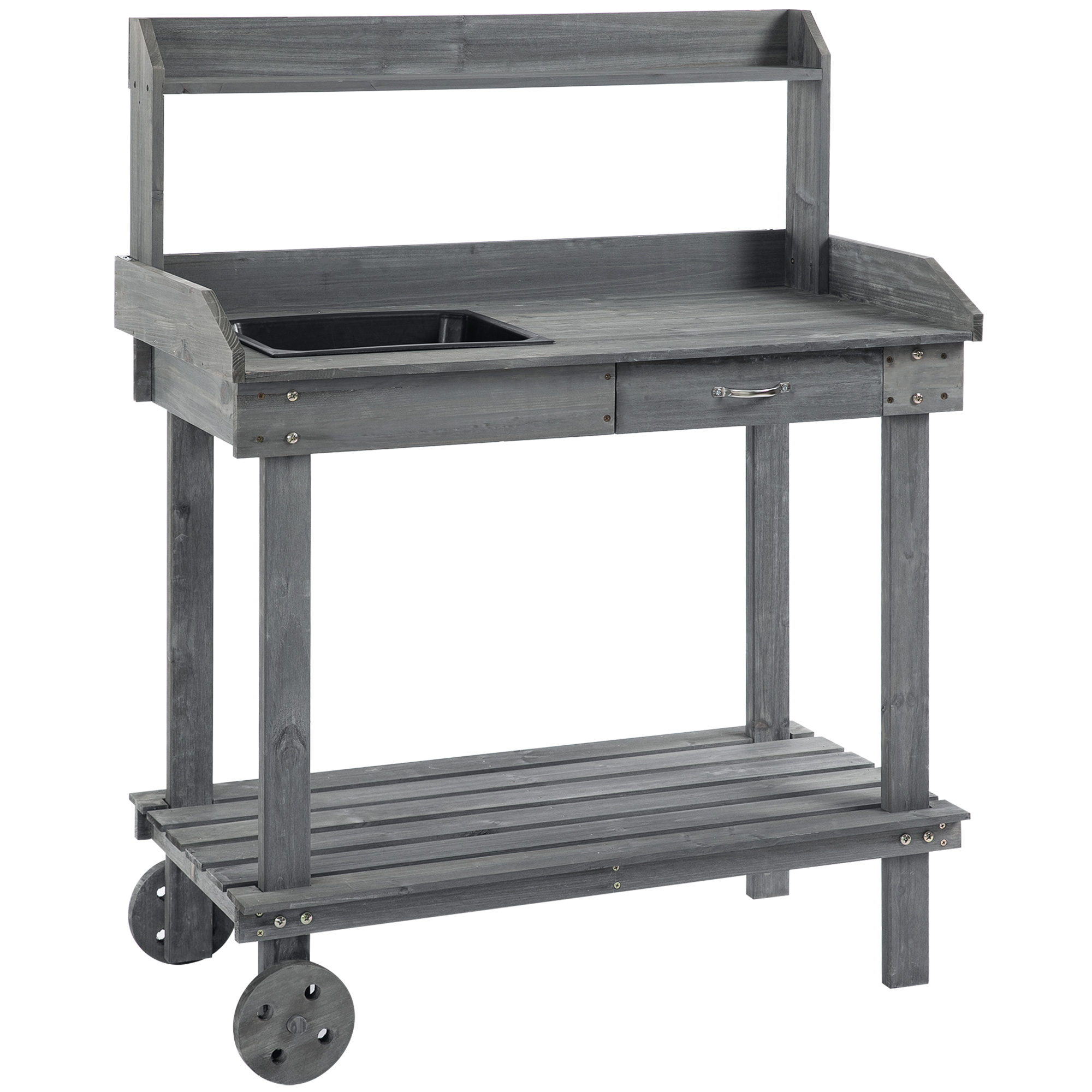 Outsunny plantentafel met schuiflade, 2 niveaus tuintafel met gootsteen en wielen, tuin, dennenhout grijs 92 x 45 x 119 cm
