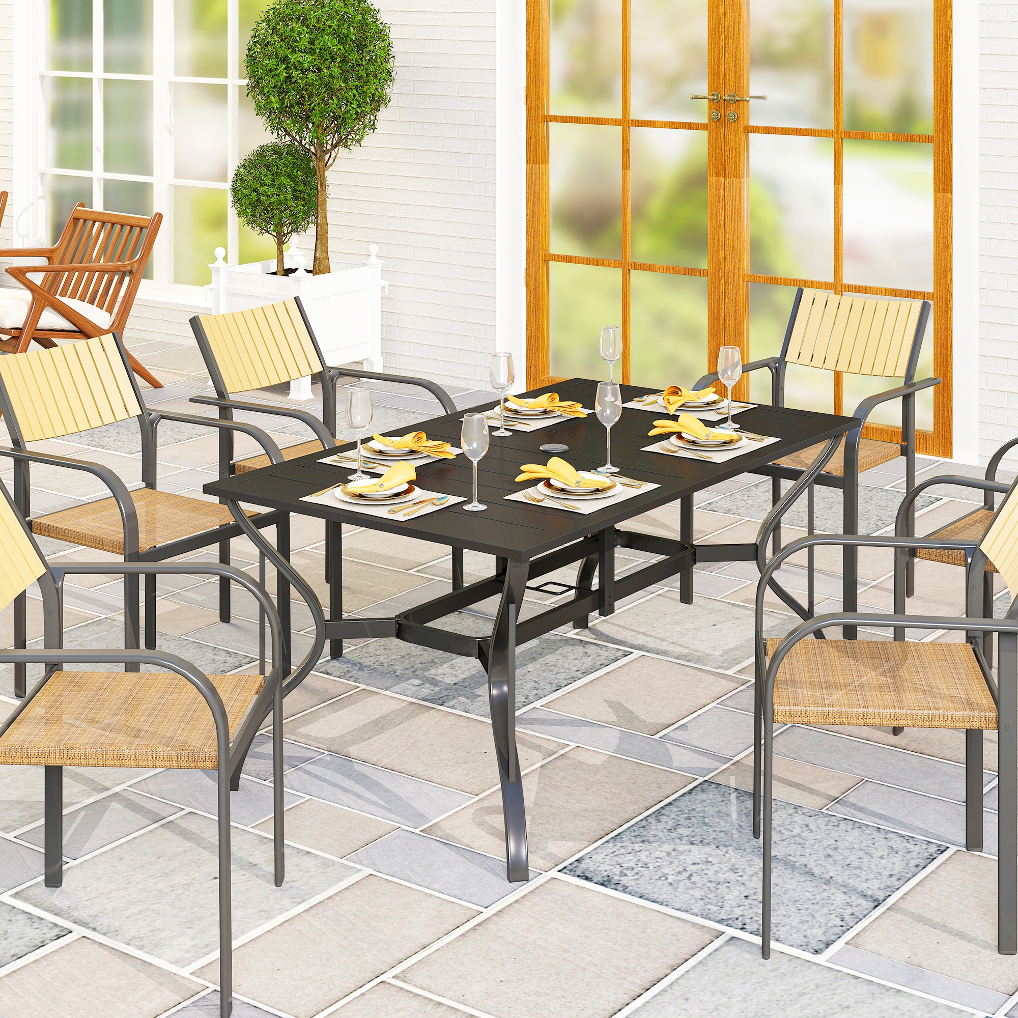 Outsunny Tuintafel Staal 150x90 cm Weerbestendige Balkontafel met Parasolgat, Lamellendesign voor 6 Personen Zwart