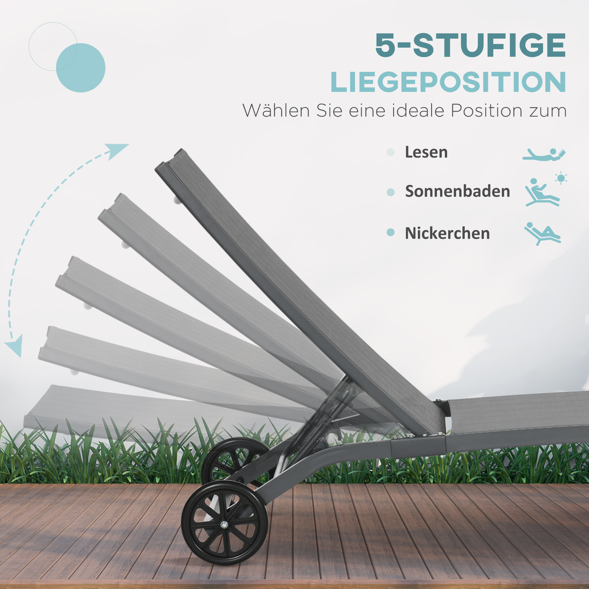 Outsunny Ligstoel, tuinligstoel met wielen, verstelbare rugleuning voor balkon aluminium