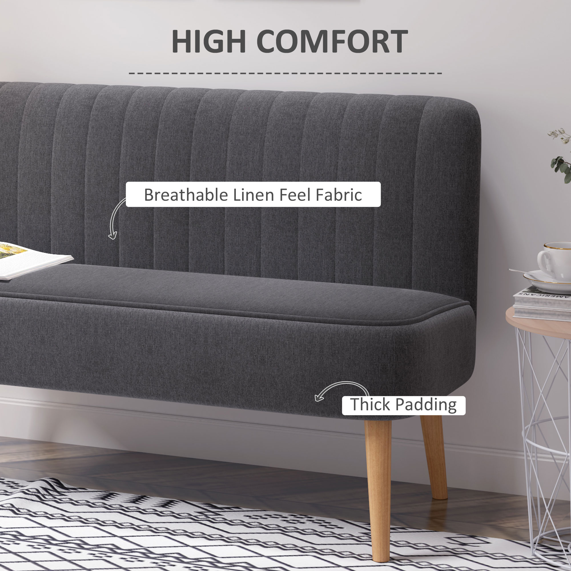 HOMCOM Sofa Retrodesign 2-zitsbank, houten poten, 117 cm x 56,5 cm x 77 cm, Donkergrijs