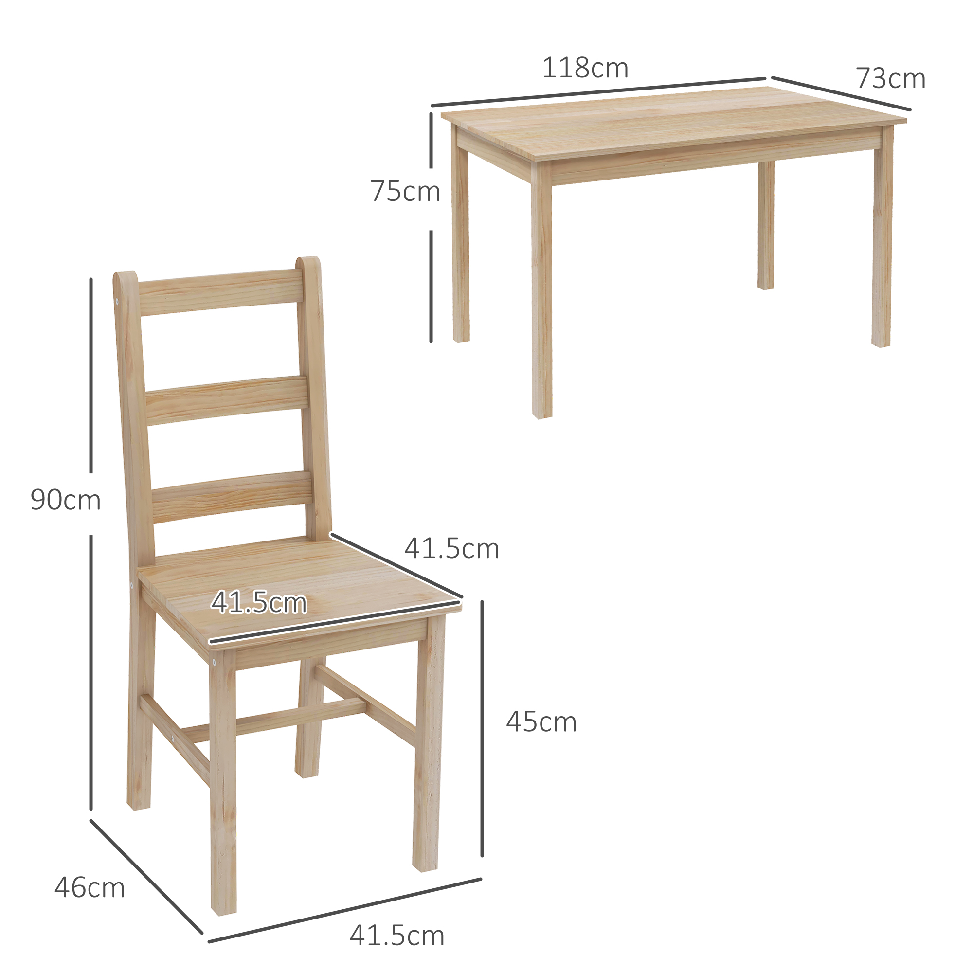 HOMCOM 5-delige Eetgroep Eettafel met Stoelen Zitgroep, Massief Hout, 118 cm x 73 cm x 75 cm, Natuur