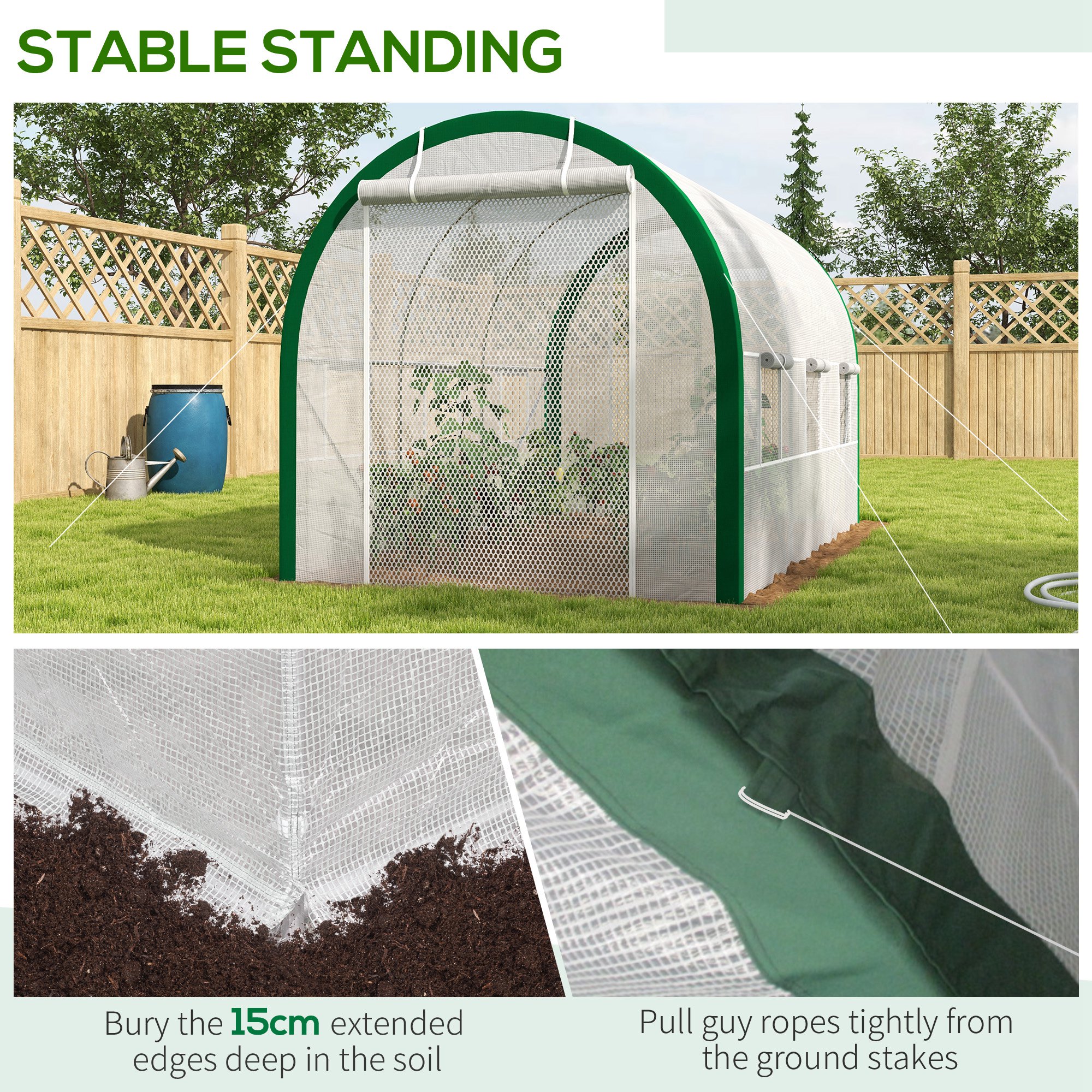 Outsunny tunnelkas, broeikas, ritsdeuren, gaasramen, metalen frame, 3,5 x 2 x 2m, wit