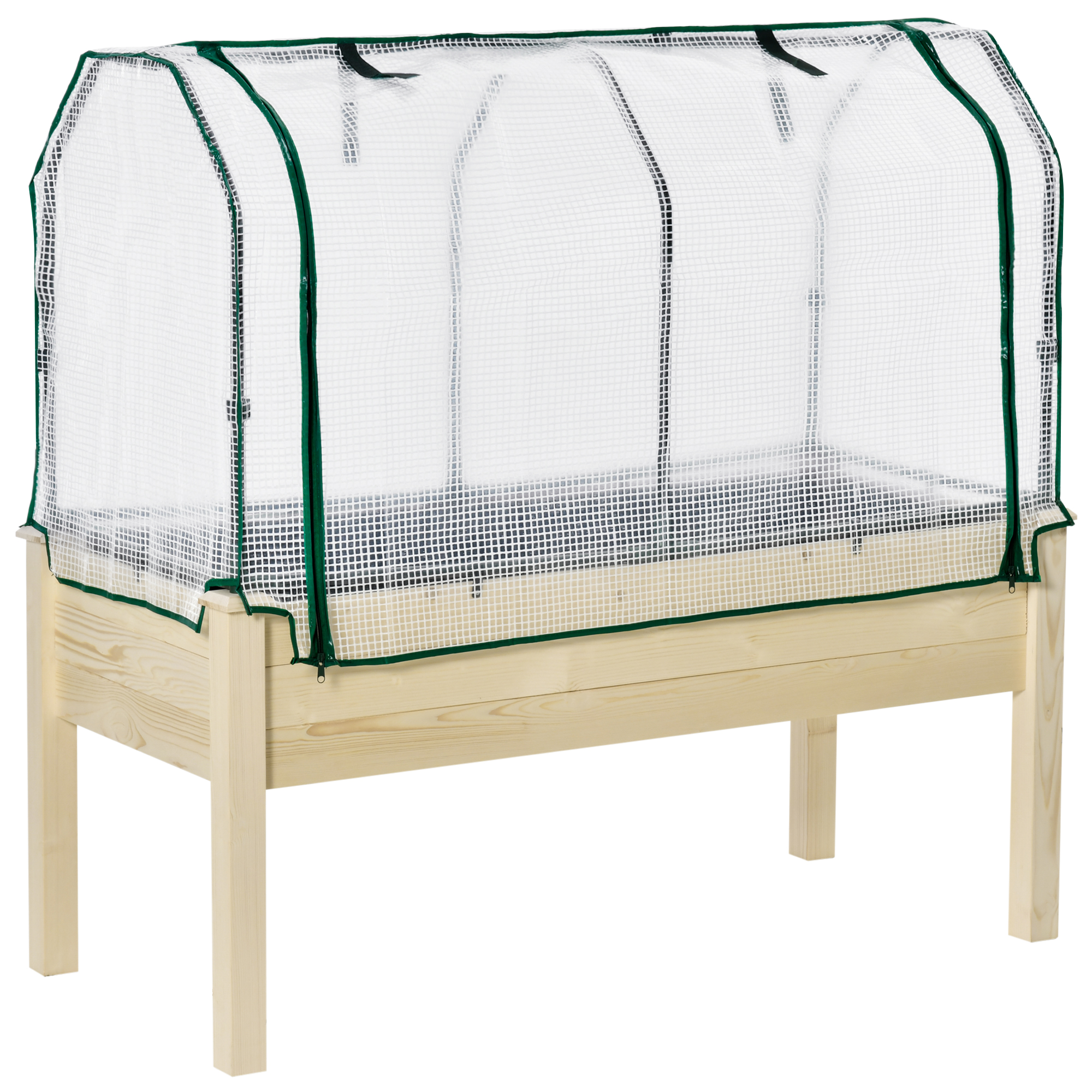 Outsunny Verhoogd Bed, Oprolbare Folieafdekking, Natuurlijk Houten Frame, Stofvoering, Afvoeropeningen, 121 x 55 x 117cm