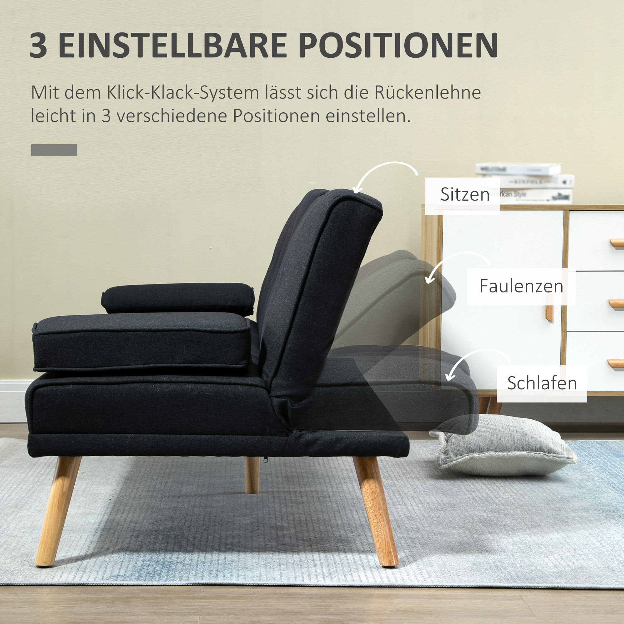 HOMCOM Slaapbank, Logeerbed, Verstelbare Rugleuning, Opklapbare Tafel, 181x77x78 cm, Grijs/Hout