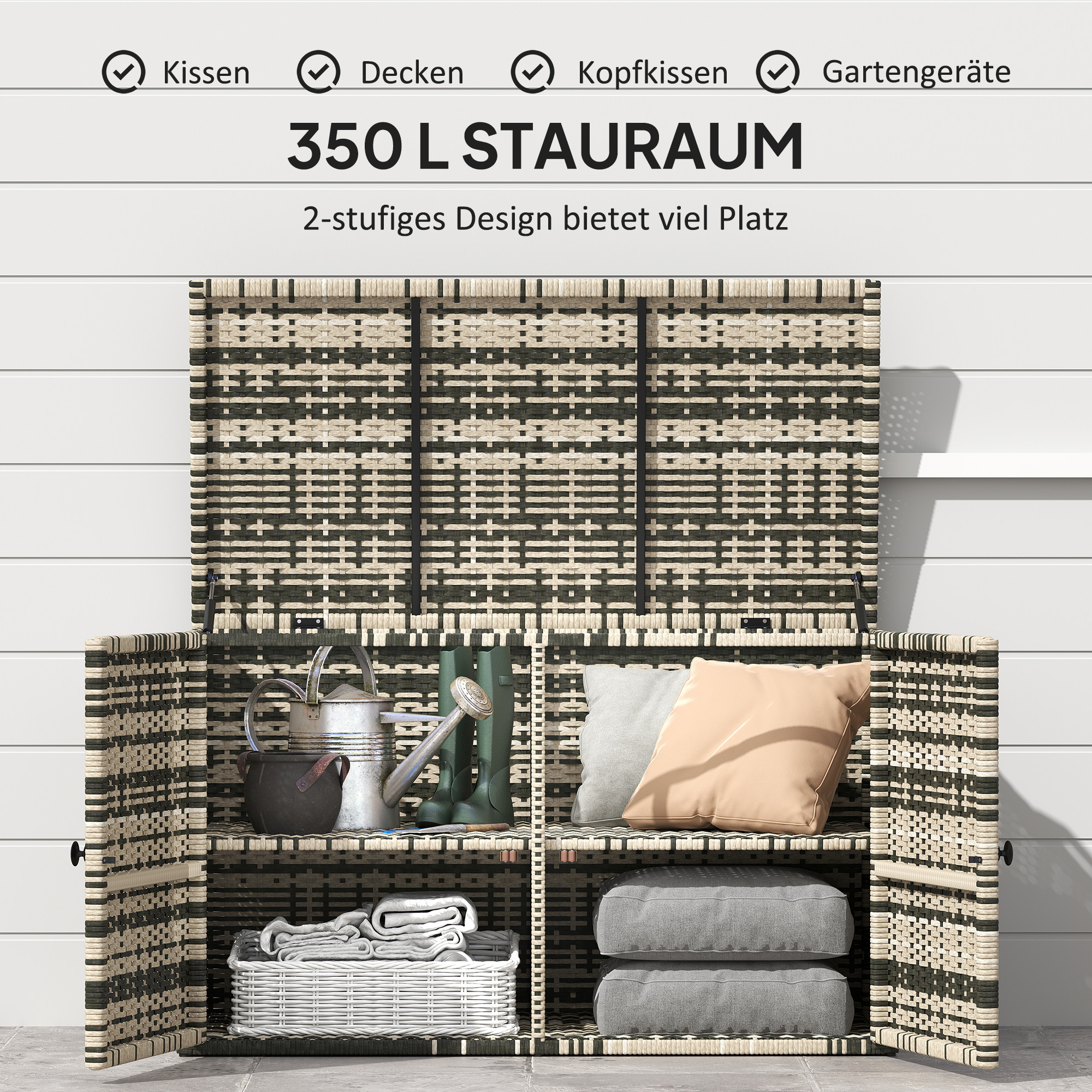 Outsunny Rattan Opbergbox 350L Tweelaags Kussenbox met Deksel Hefstangen Handgrepen 118 x 57 x 69 cm Gemengd Grijs