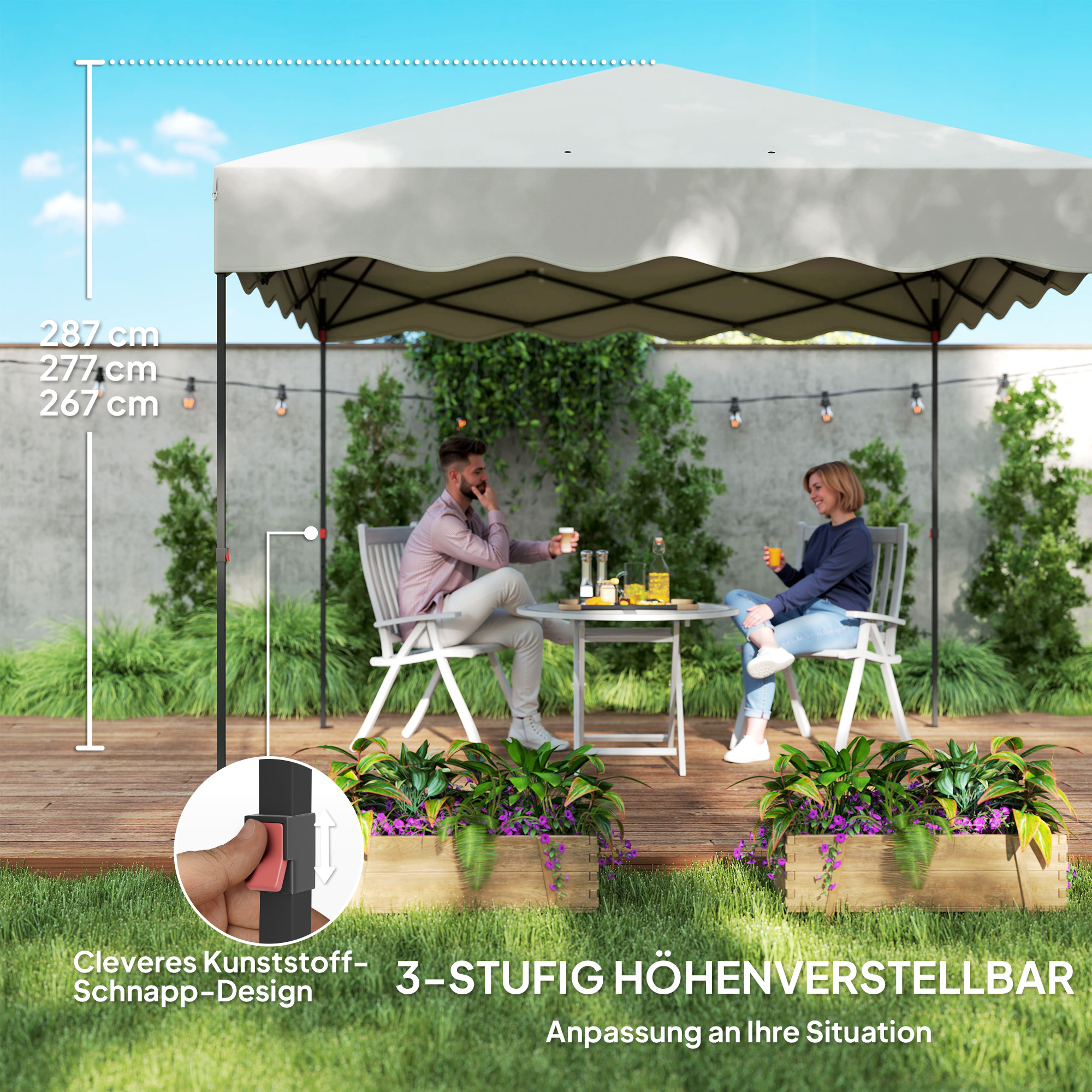 Outsunny 3 x 3 m Pop-up Paviljoen, Hoogteverstelbare Tuintent, met Roltas, voor Tuin, Terras, Metaal, Stof, Crèmewit