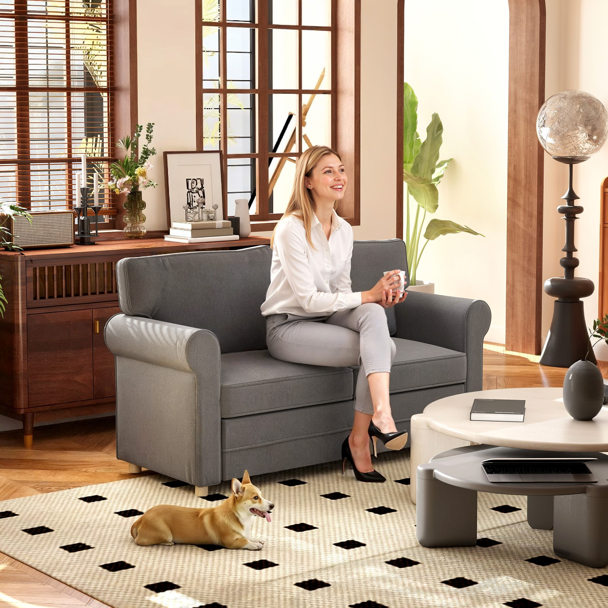 HOMCOM 2-zitsbank, Compacte Woonkamerbank, Stof in Linnenlook, Zachte Zitkussens, Stalen Frame, Donkergrijs