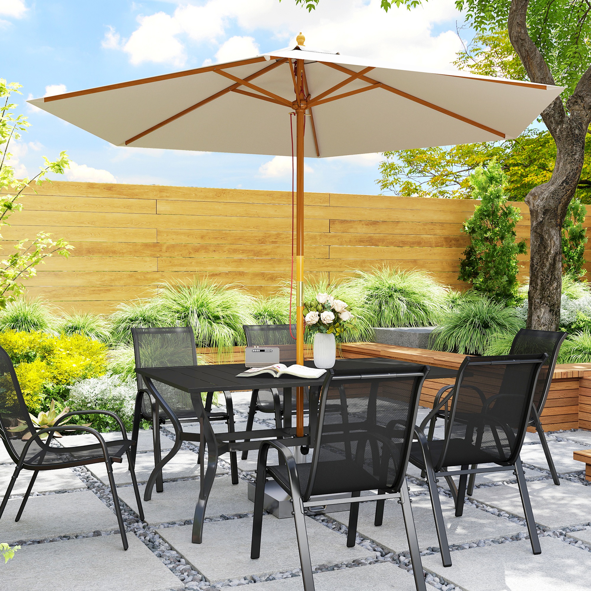 Outsunny Tuintafel Staal 150x90 cm Weerbestendige Balkontafel met Parasolgat, Lamellendesign voor 6 Personen Zwart