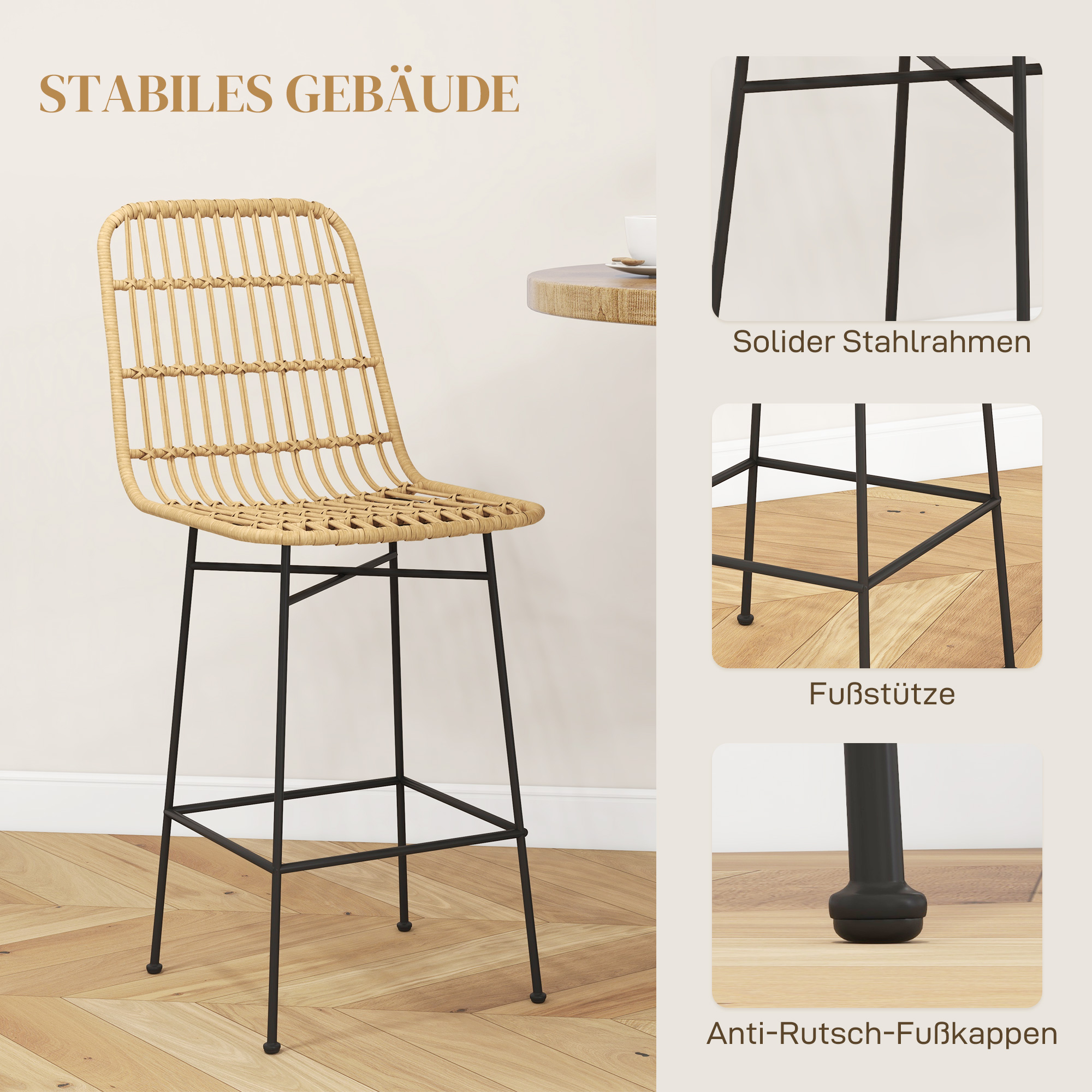 HOMCOM Barkruk Barstoel, Boho-stijl, PE-rattan, 45 x 53,5 x 105 cm, Natuur + Zwart