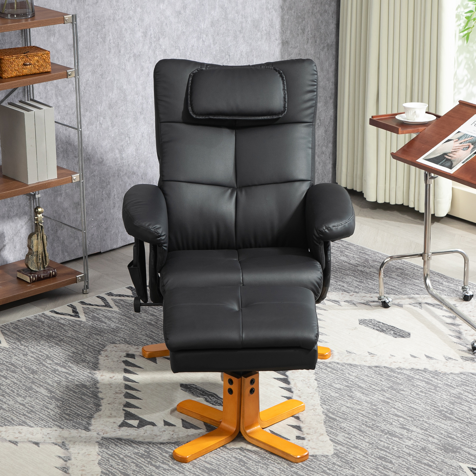 HOMCOM Massagestoel met Kruk, Verstelbare Rugleuning, USB-laadpoort, Lederlook, tot 150 kg, Zwart