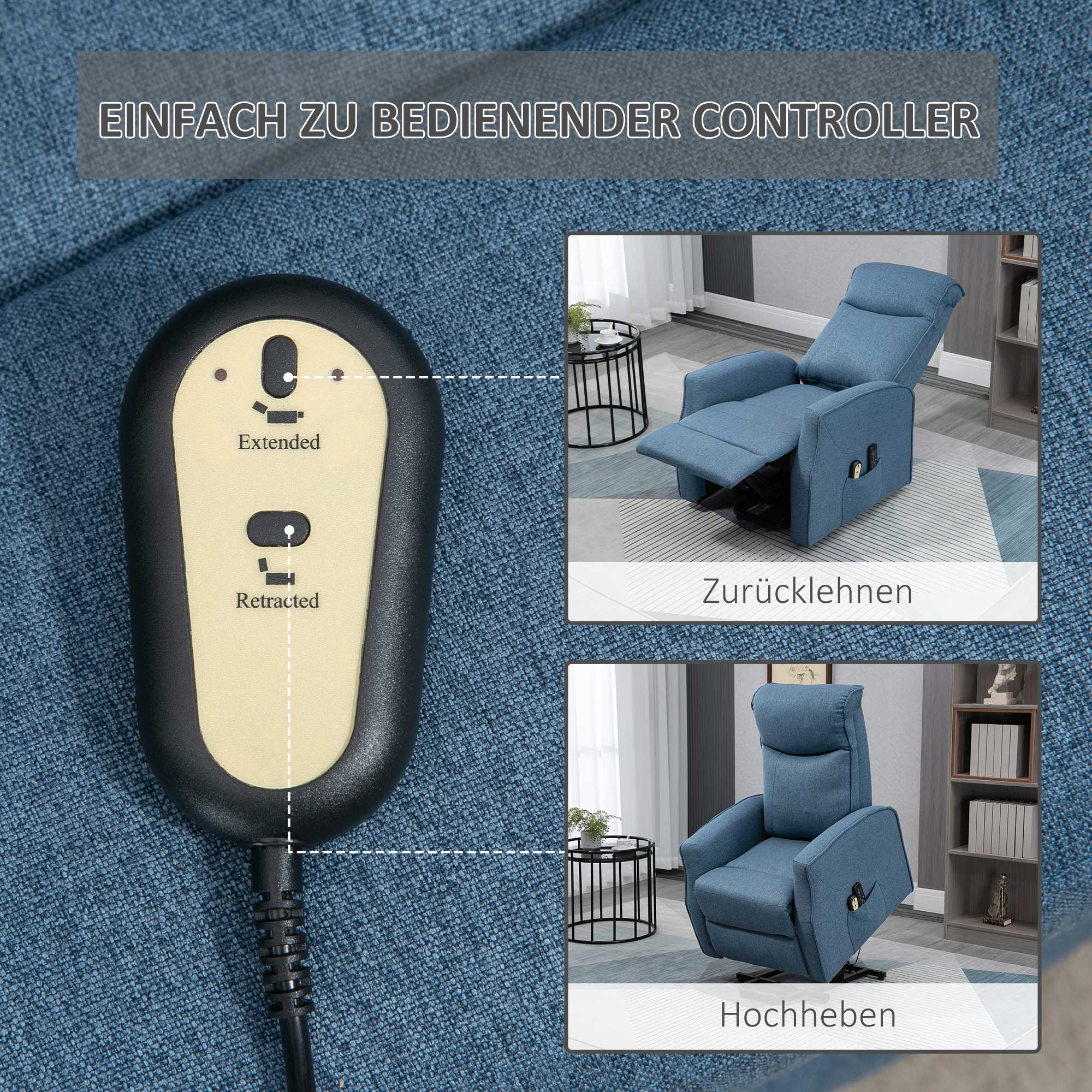 HOMCOM Massagestoel met opsta-hulp, relaxstoel, inclusief afstandsbediening, 1 zijvak, voetensteun, blauw