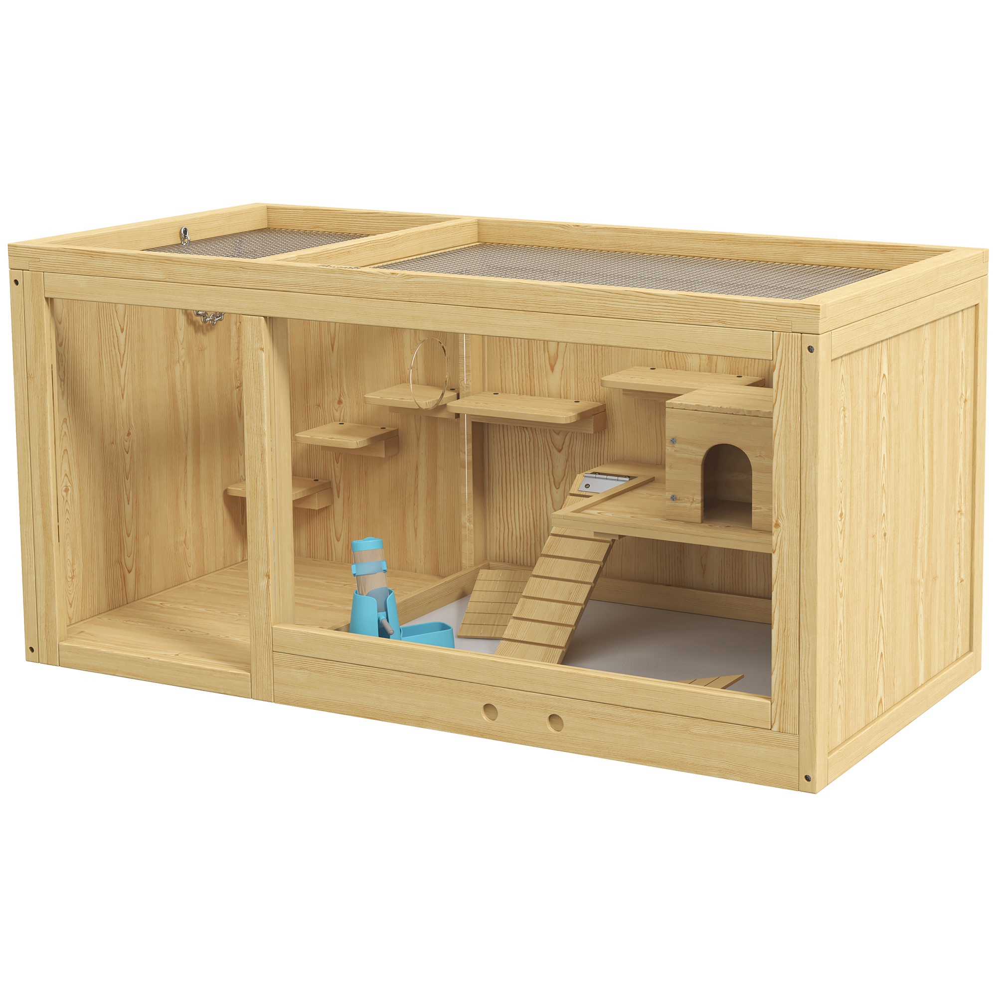 PawHut Knaagdierkooi, Sparrenhout, inclusief accessoires en drinkfles, 100 x 50 x 50 cm, Natuurlijk