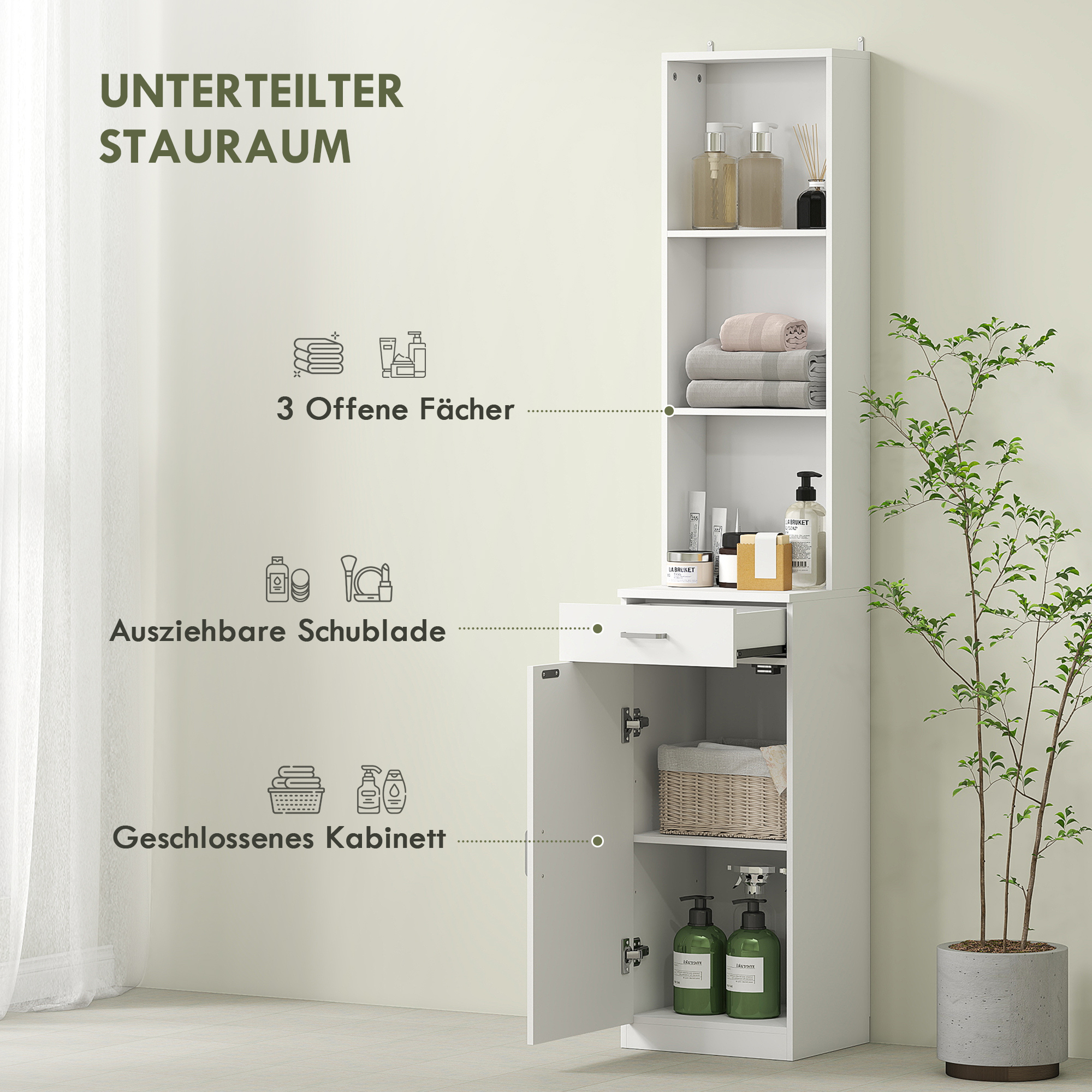 HOMCOM Hoge Badkamerkast, Smal Ontwerp, Lade, Schappen, Kast, Spaanplaat, Wit