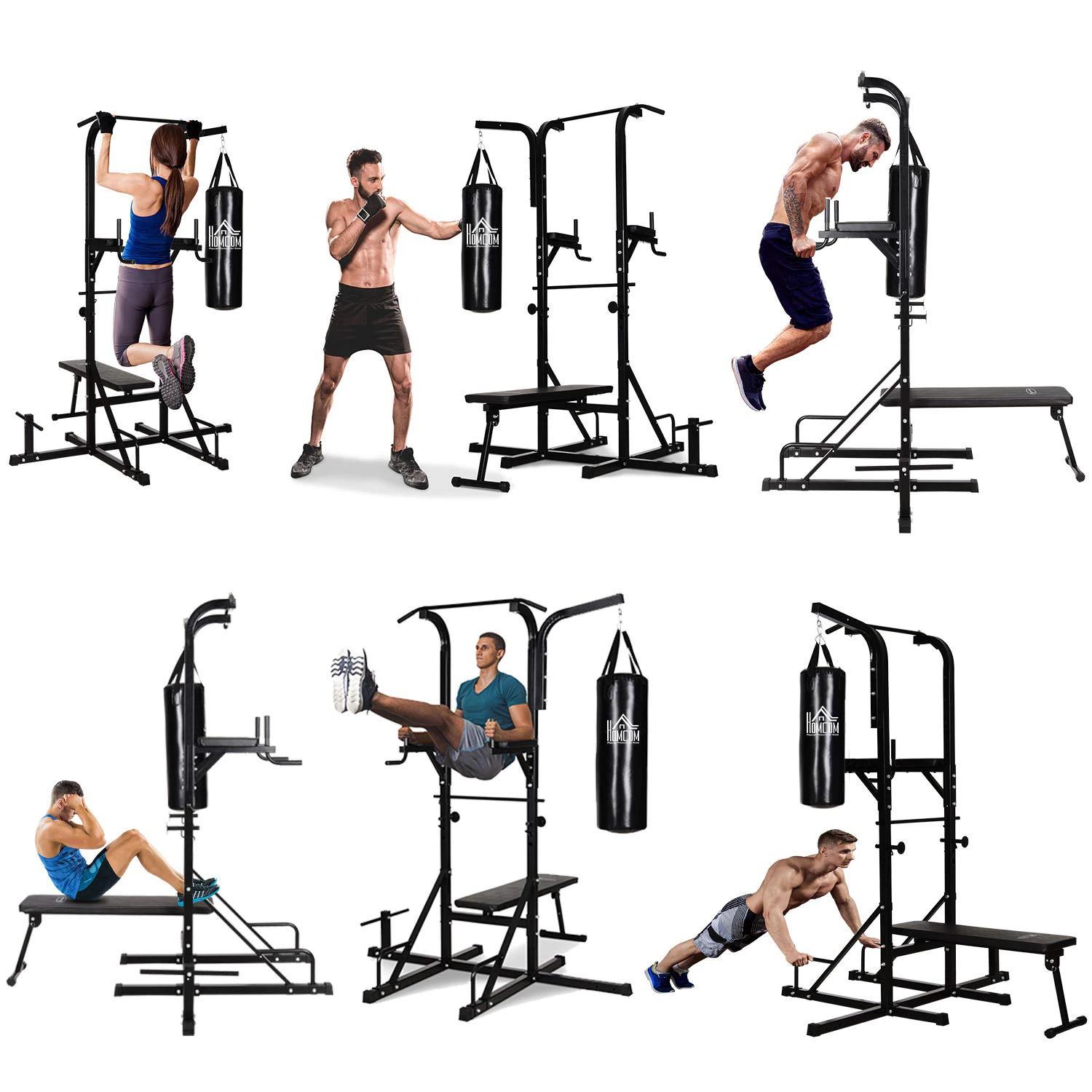 HOMCOM Krachtstation met optrekstang, multifunctioneel dipstation, trainingsapparaat voor thuis, met bokszak, fitness, staal, zwart, 180 x 183 x 219 cm dipstation multifunctionele bokszak opvouwbaar staal | Aosom.de