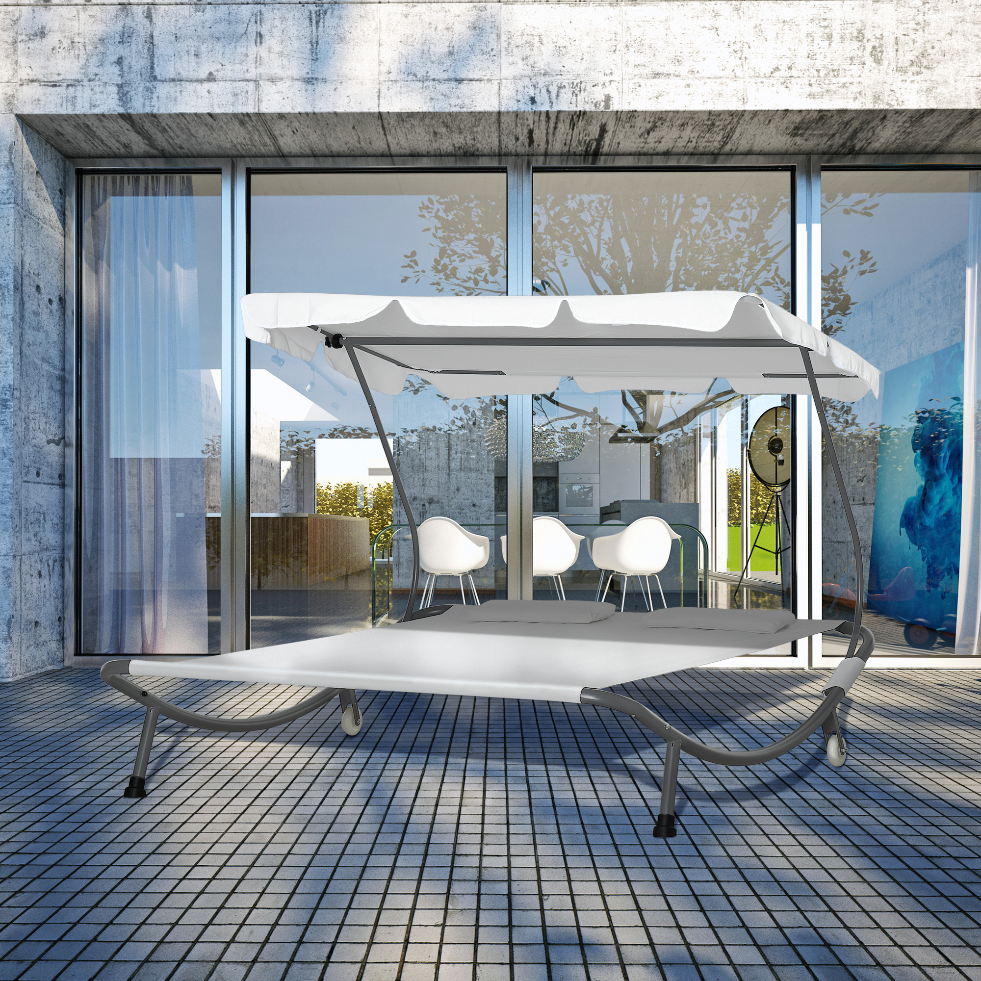 Outsunny Doppelliege Sonnenliege Relaxliege mit Sonnendach rollbar Stahl Cremeweiß/Grau