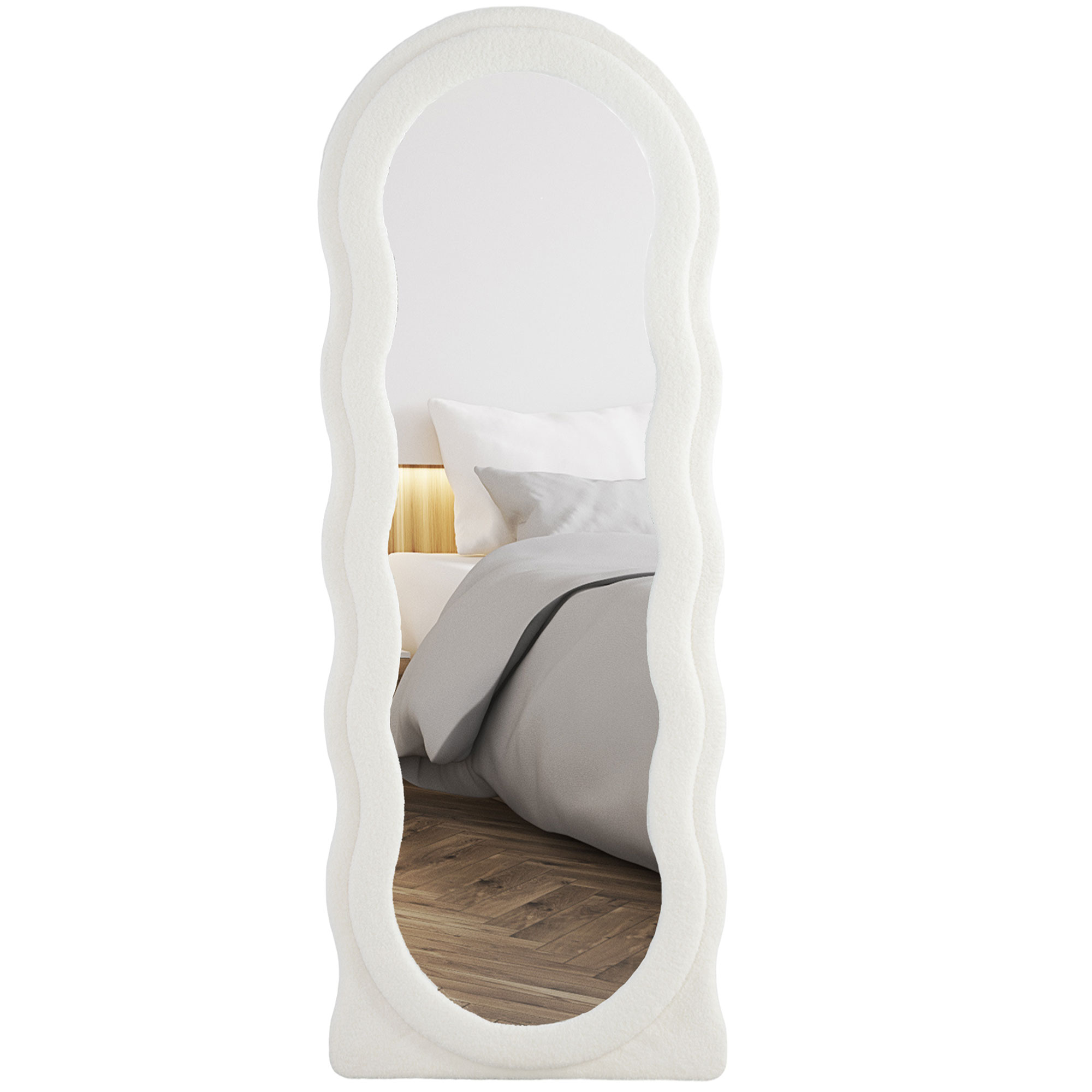 HOMCOM Lichaamslange Spiegel 160 x 60 cm Gebogen Standspiegel met Golfdesign Breukvast Glas Wit
