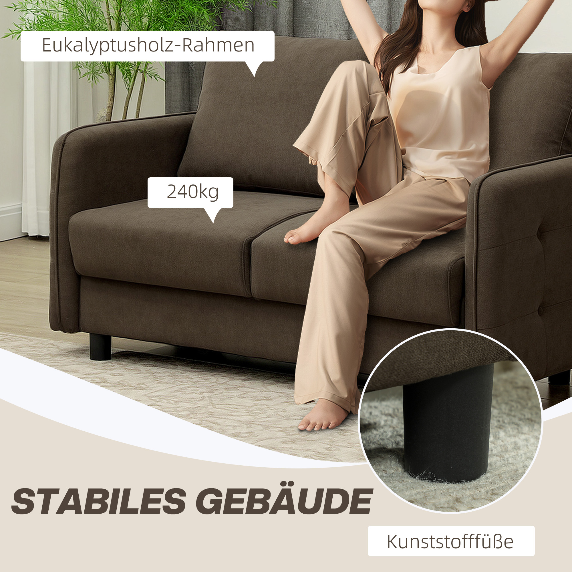 HOMCOM Tweezitsbank met Opbergruimte, Gestoffeerde Bank in Fluweellook met Rugkussens voor Woonkamer, Slaapkamer, Kantoor, Bruin