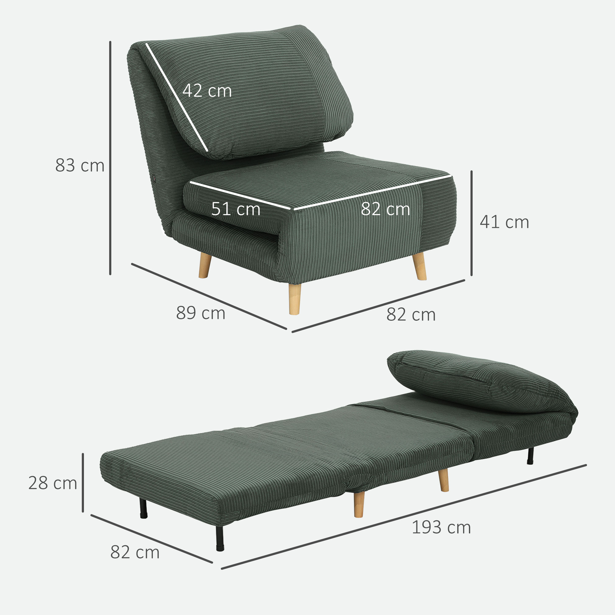 HOMCOM 2-in-1 Slaapfauteuil en Gastenbed, Verstelbare Hoofdsteun Ribfluweel 82 cm x 89 cm x 83 cm Groen
