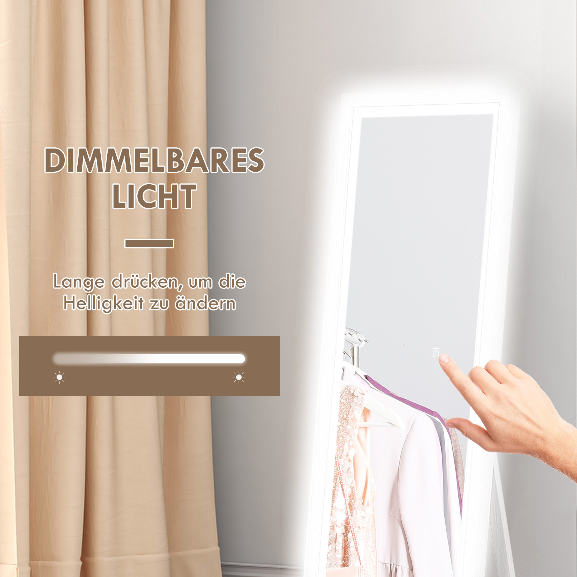 HOMCOM Volledige lengte spiegel, 40x160 cm, LED-verlichting, Touchbediening, dimbaar, 3 kleuren, Wit