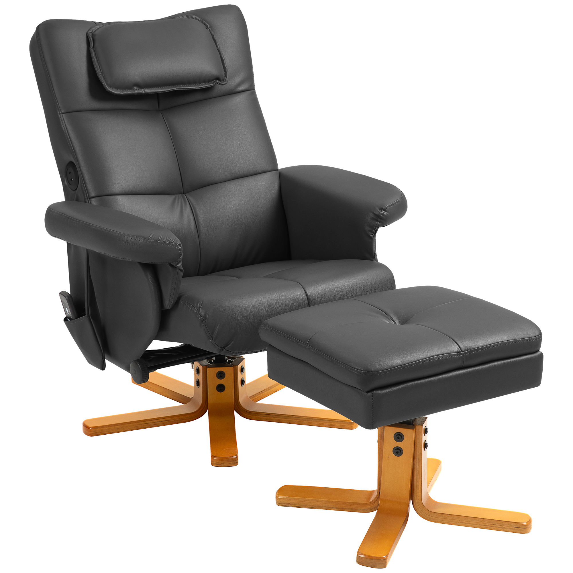 HOMCOM Massagestoel met Kruk, Verstelbare Rugleuning, USB-laadpoort, Lederlook, tot 150 kg, Zwart