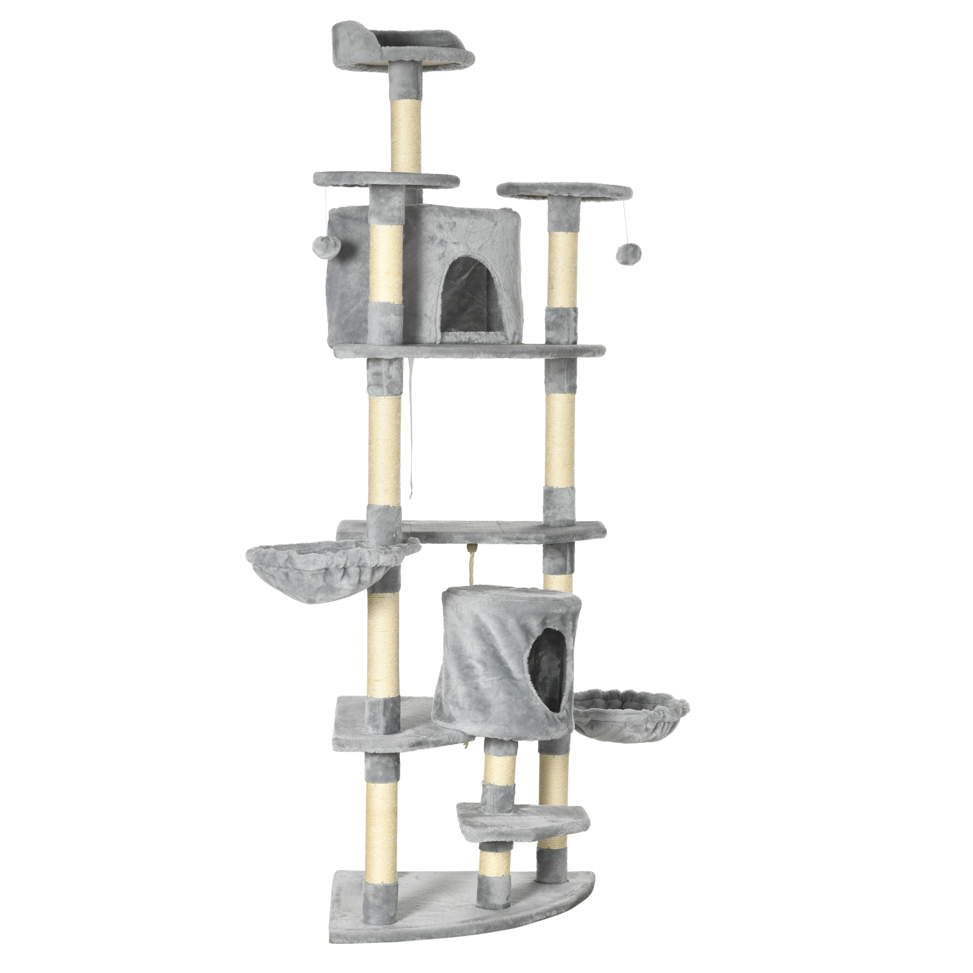 PawHut Krabpaal met 2 Hangmatten en 2 Kattenholen, Inclusief Speelgoed, Pluche en Sisaltouw - Lichtgrijs