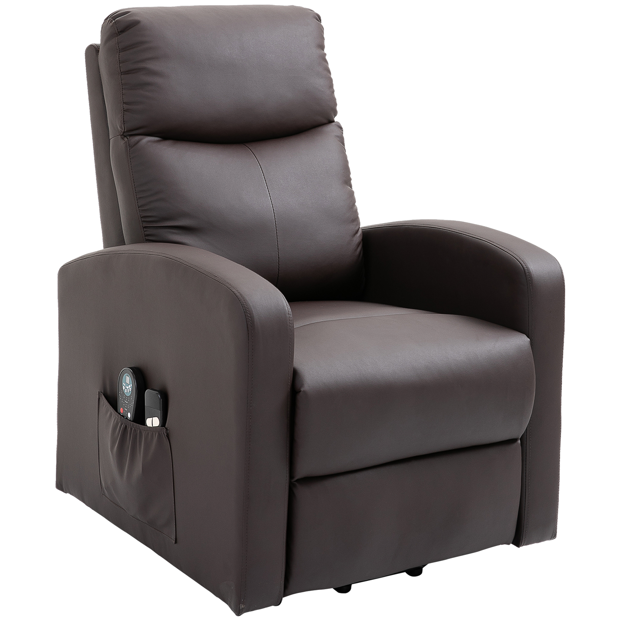 HOMCOM Massagestoel met opstaan hulp, relaxstoel, ligstoel, hoofdsteun, 8 vibratiepunten, 2 afstandsbedieningen, bruin