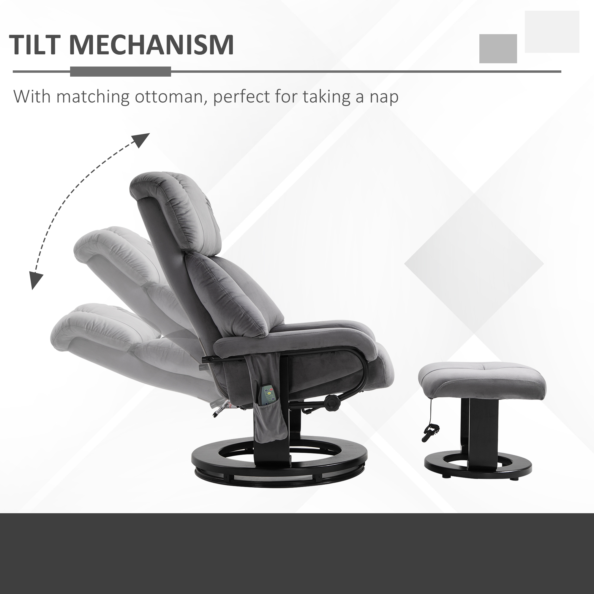 HOMCOM massagefauteuil TV fauteuil fauteuil met kruk massagefunctie fluweelachtig polyester grijs 76 x 80 x 102 cm